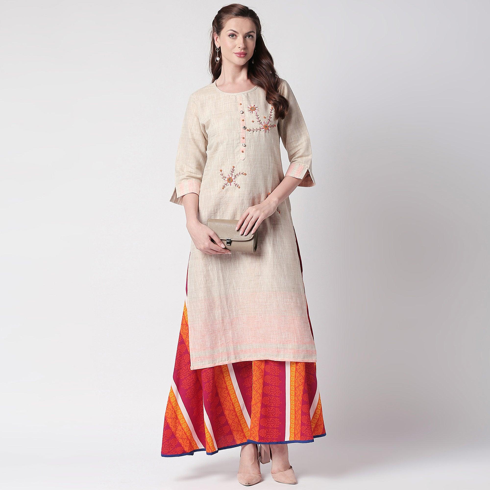 Glowing Off White Colored Partywear Embroidered Cotton Kurti-Skirt Set - Peachmode