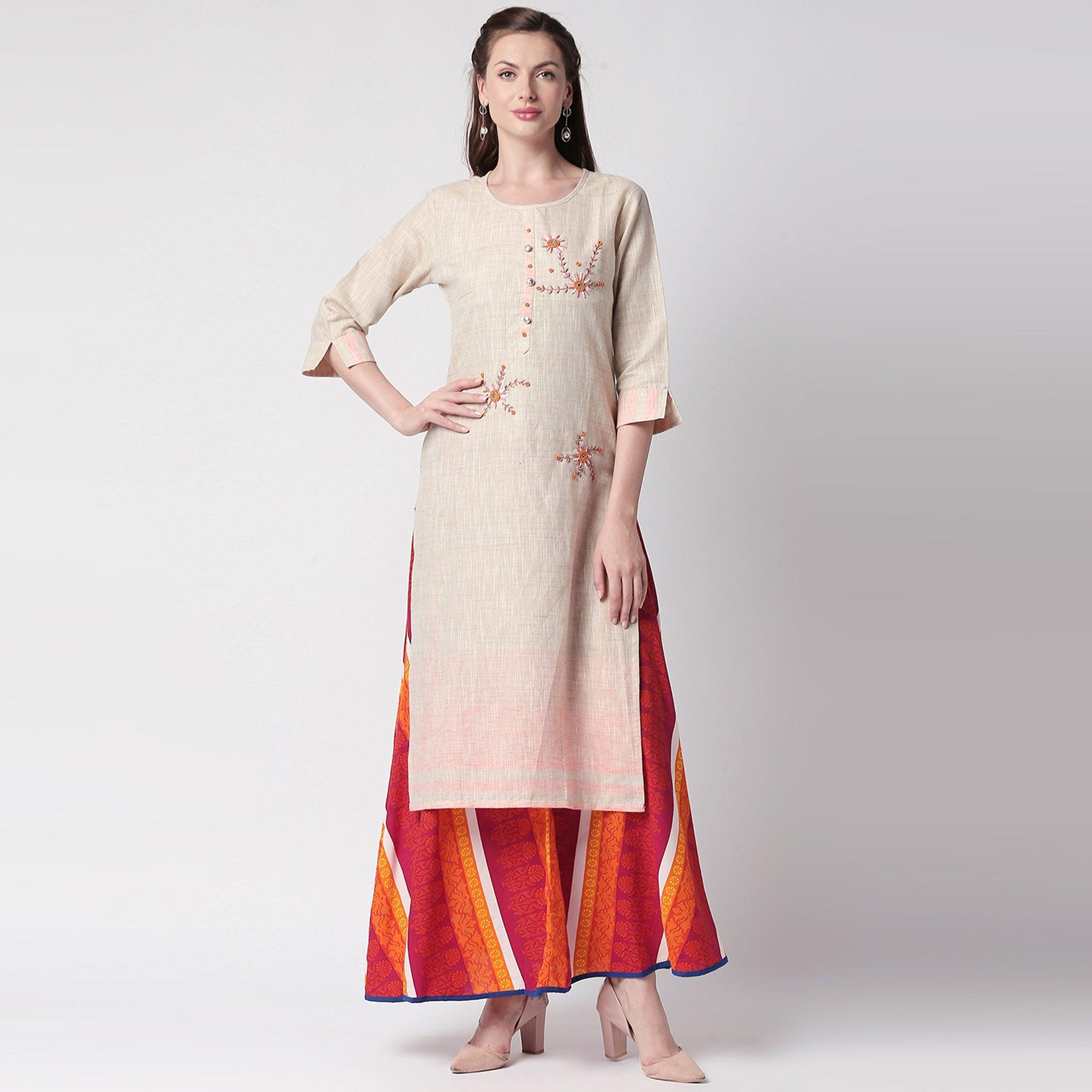 Glowing Off White Colored Partywear Embroidered Cotton Kurti-Skirt Set - Peachmode