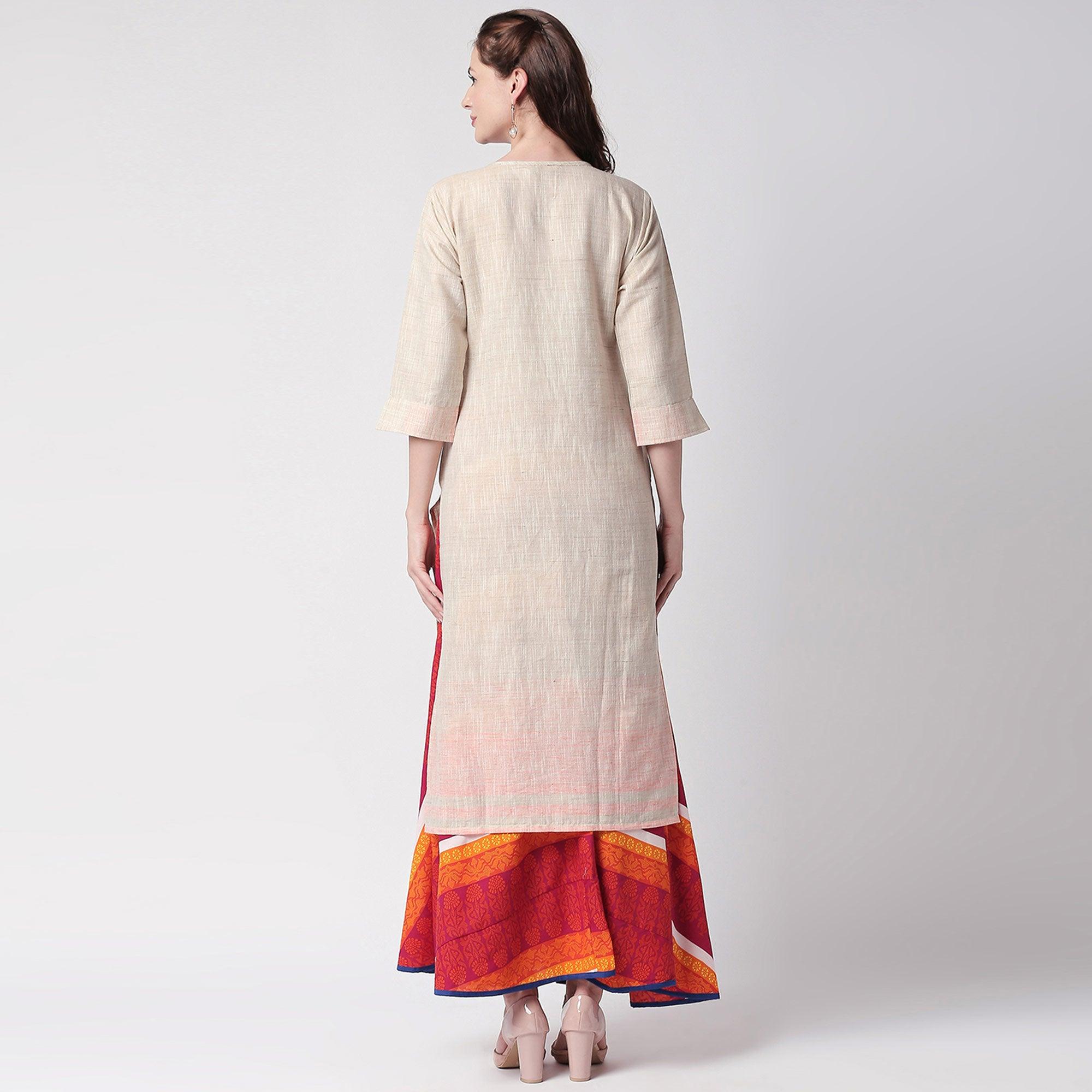 Glowing Off White Colored Partywear Embroidered Cotton Kurti-Skirt Set - Peachmode
