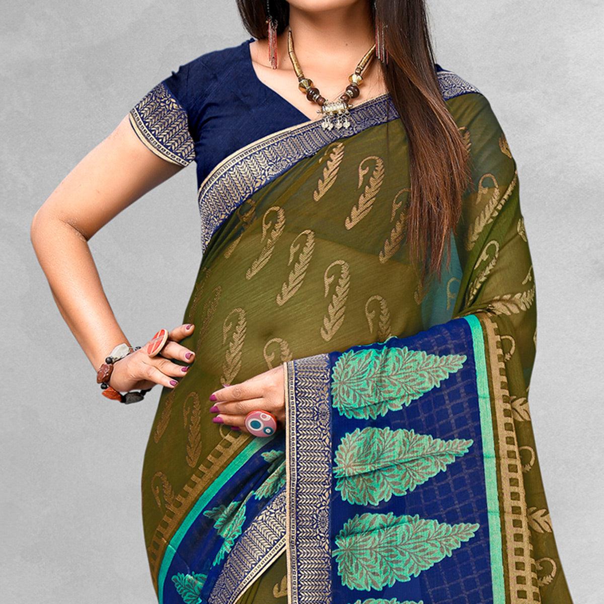 Glowing Olive Green Colored Casual Wear Printed Brasso Saree - Peachmode
