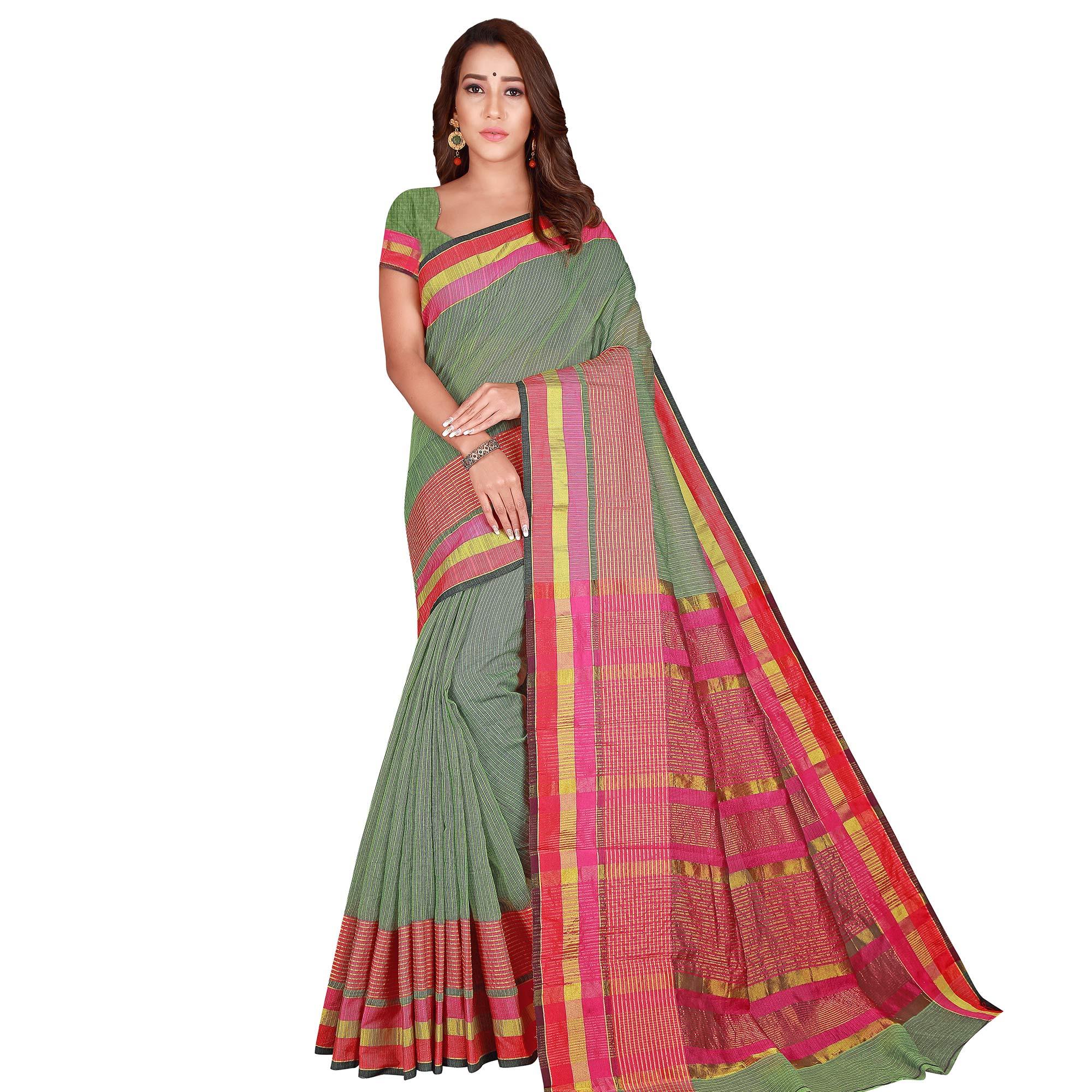 Glowing Olive Green Colored Casual Wear Printed Cotton Handloom Saree - Peachmode