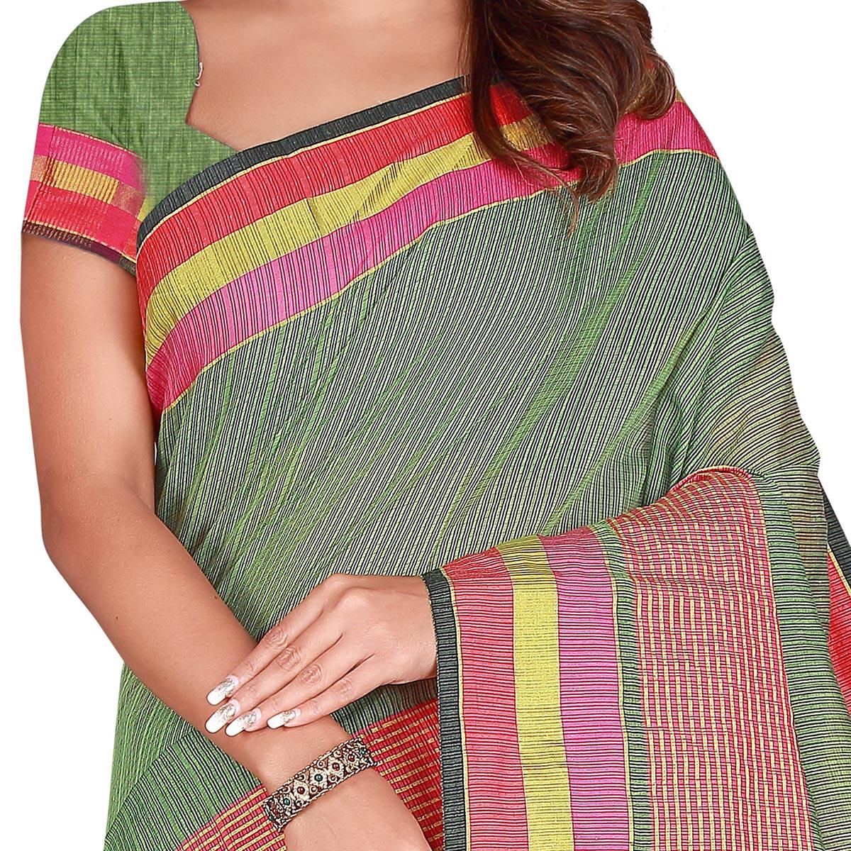 Glowing Olive Green Colored Casual Wear Printed Cotton Handloom Saree - Peachmode