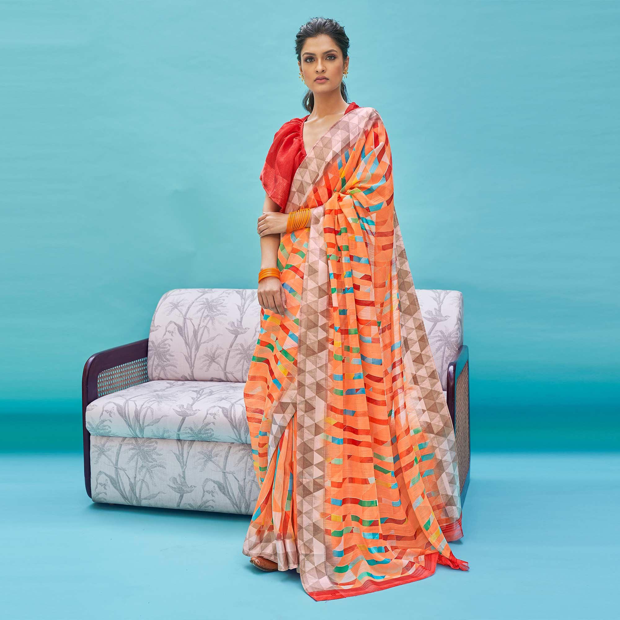 Glowing Orange Colored Casual Wear Digital Printed Linen Cotton Saree - Peachmode