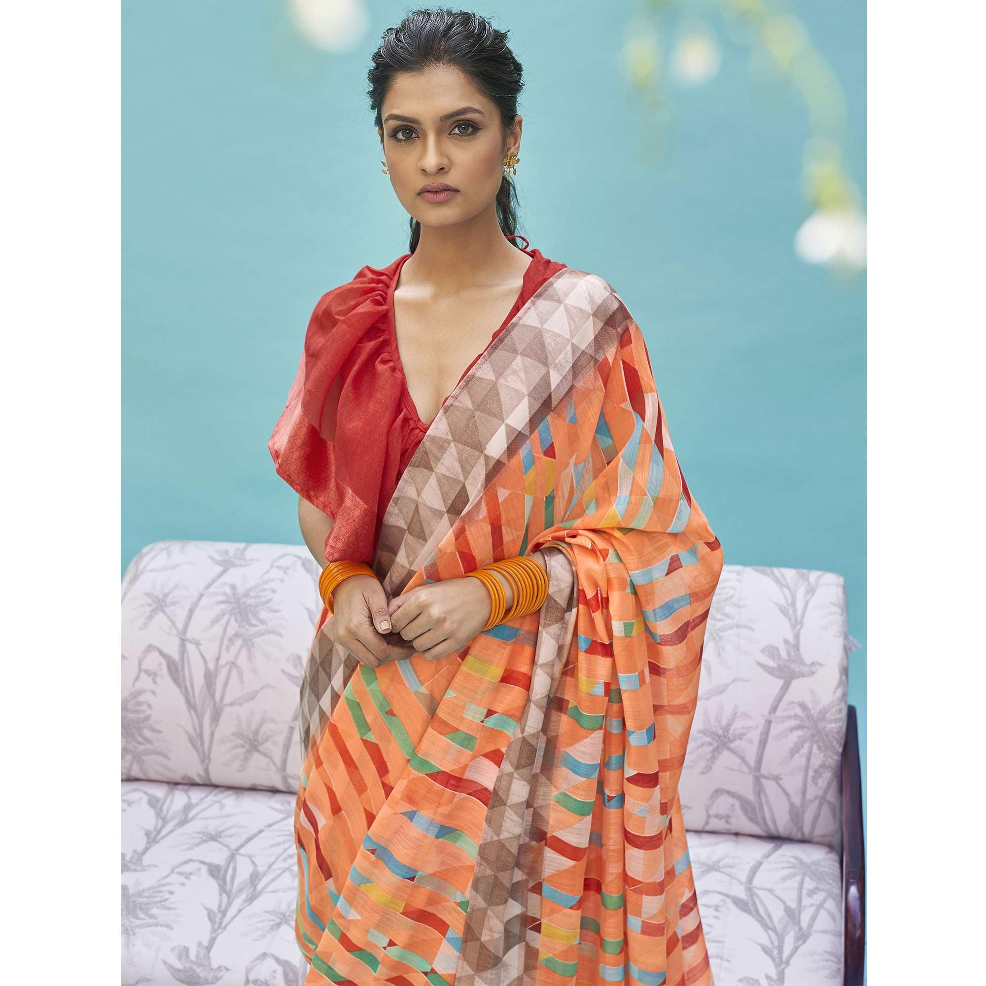 Glowing Orange Colored Casual Wear Digital Printed Linen Cotton Saree - Peachmode