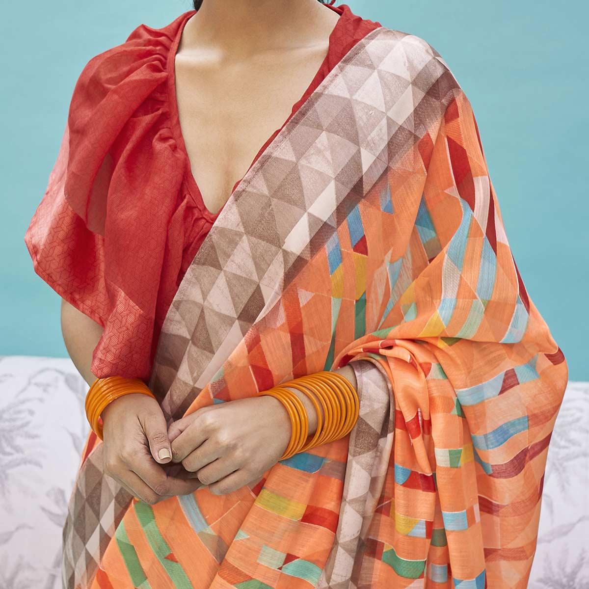 Glowing Orange Colored Casual Wear Digital Printed Linen Cotton Saree - Peachmode
