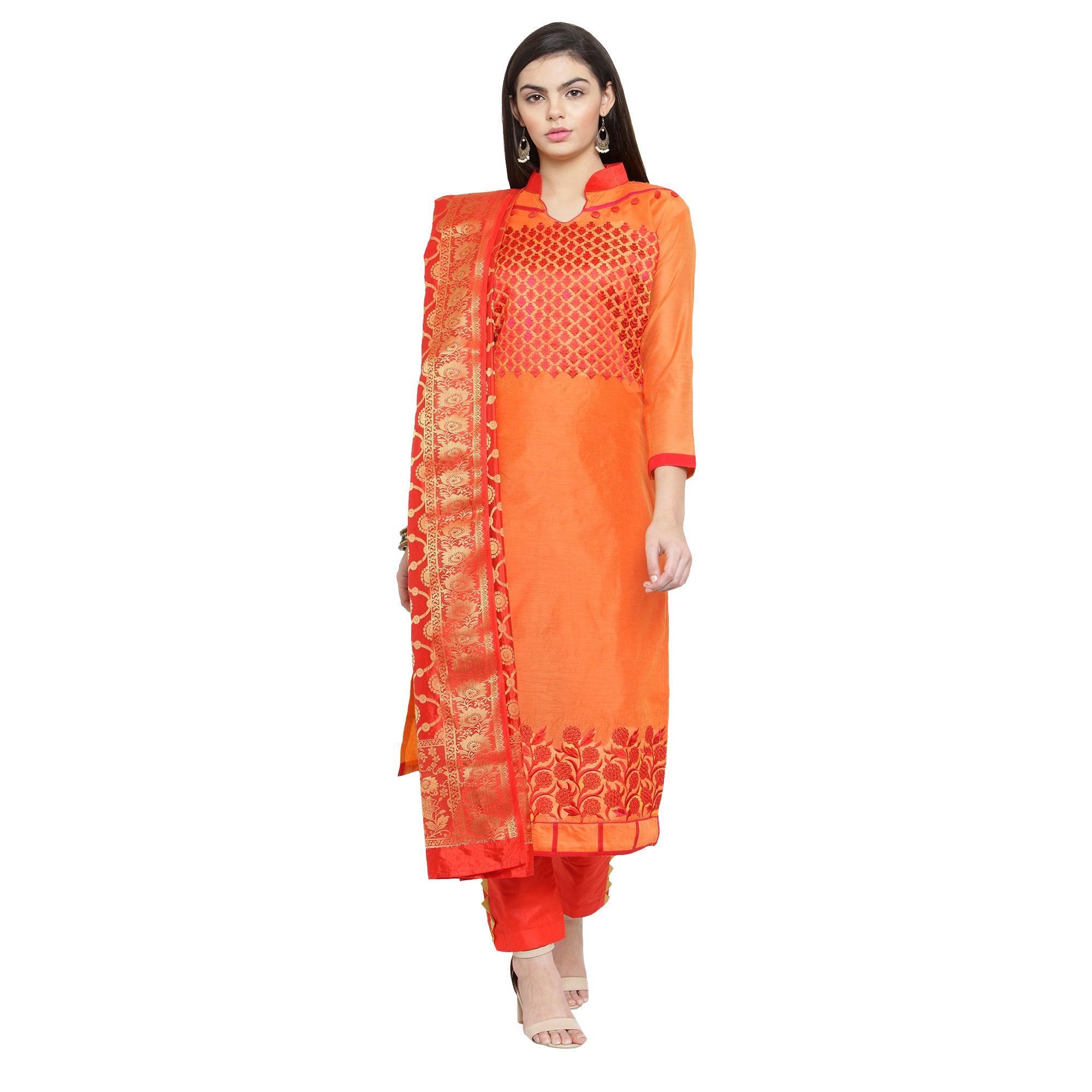 Glowing Orange Colored Embroidered Chanderi Dress Material With Banarasi Silk Dupatta - Peachmode