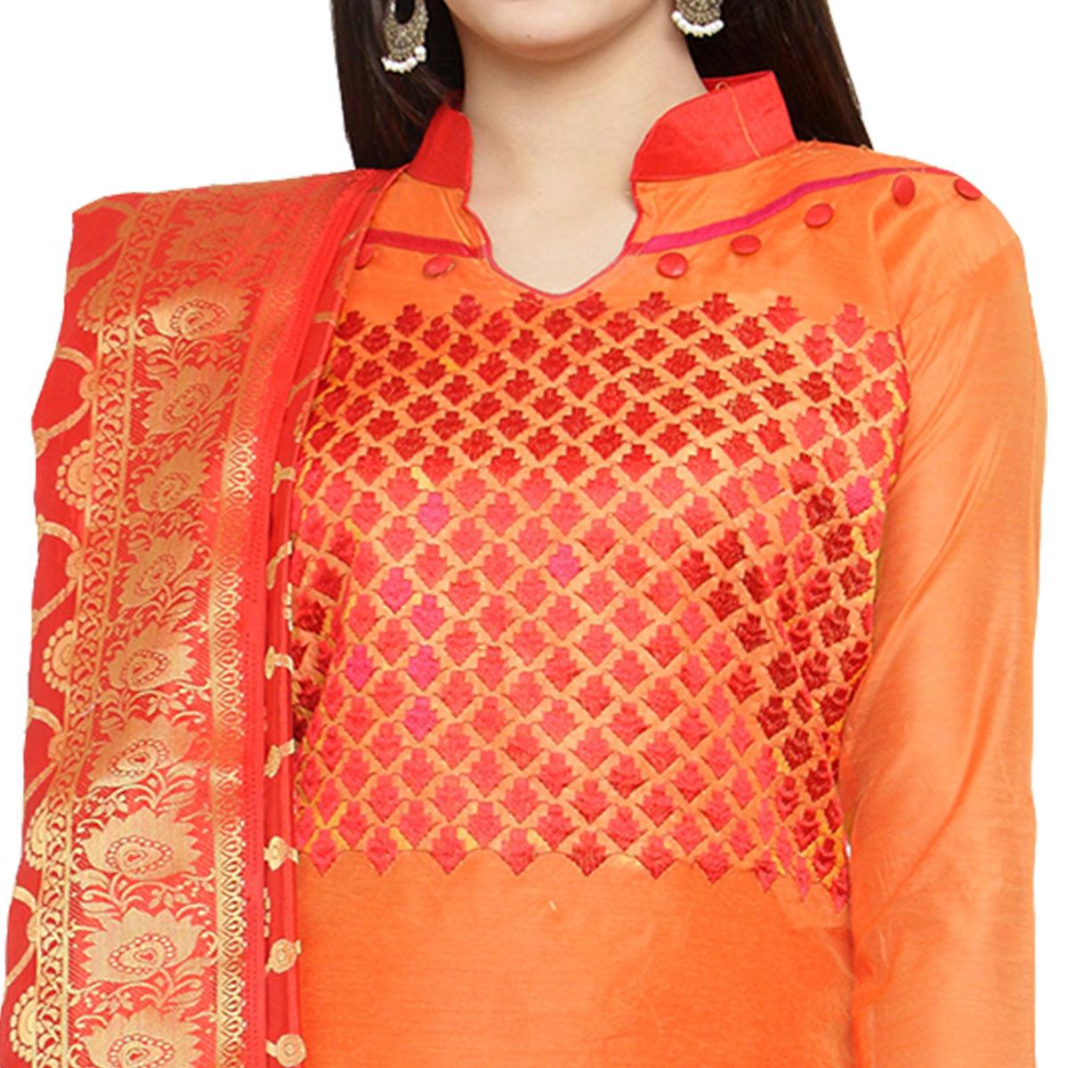 Glowing Orange Colored Embroidered Chanderi Dress Material With Banarasi Silk Dupatta - Peachmode