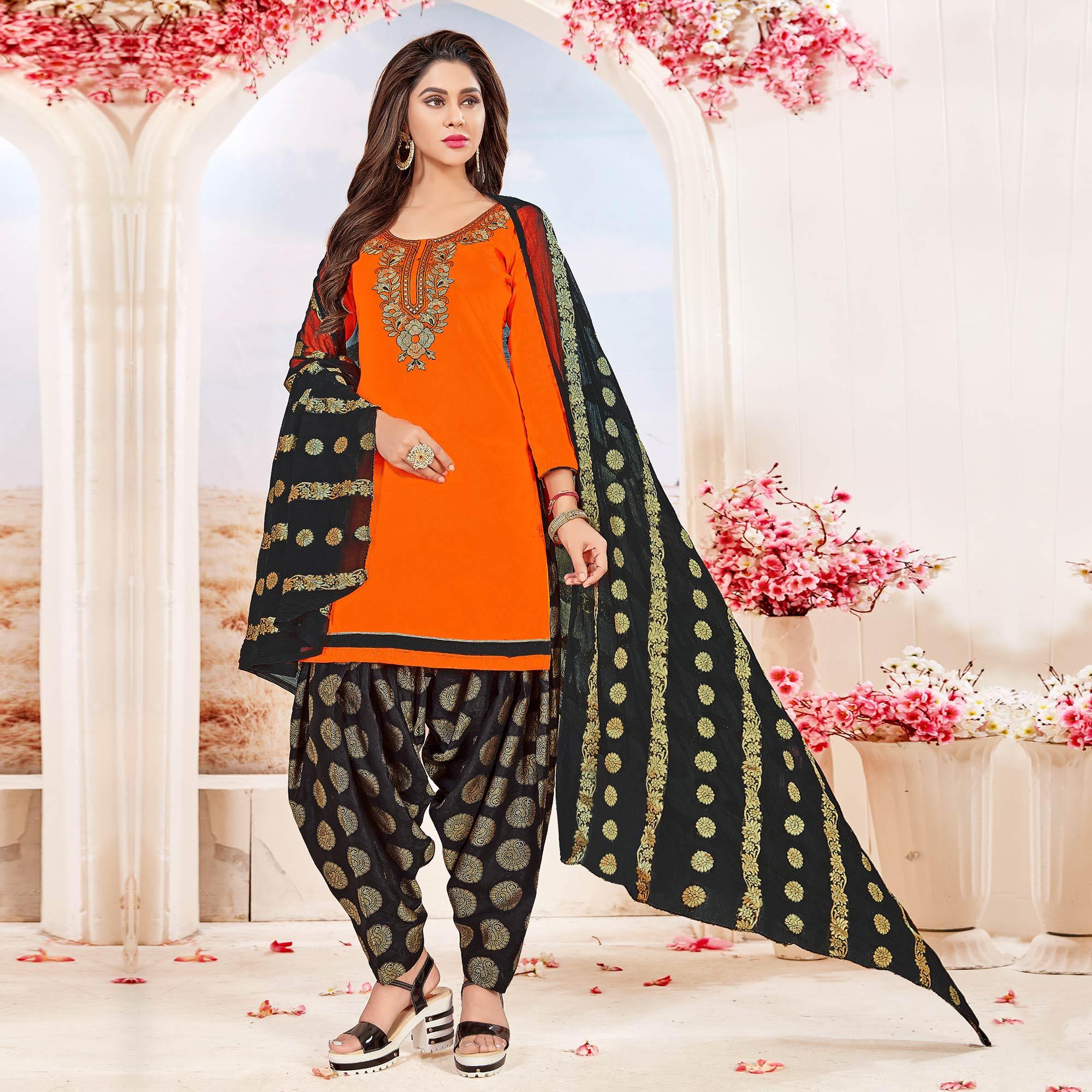 Glowing Orange Colored Partywear Embroidered Cotton Dress Material - Peachmode