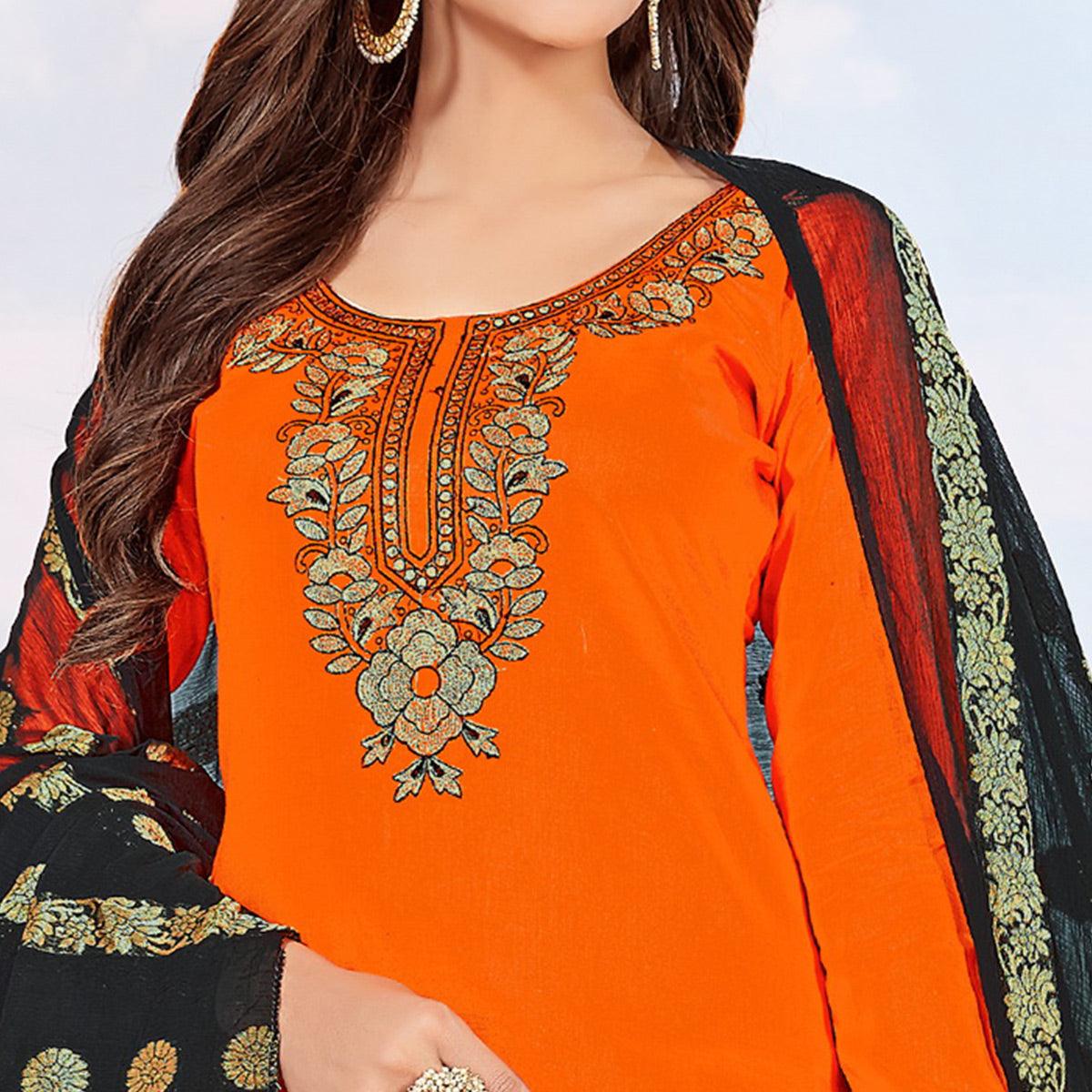 Glowing Orange Colored Partywear Embroidered Cotton Dress Material - Peachmode