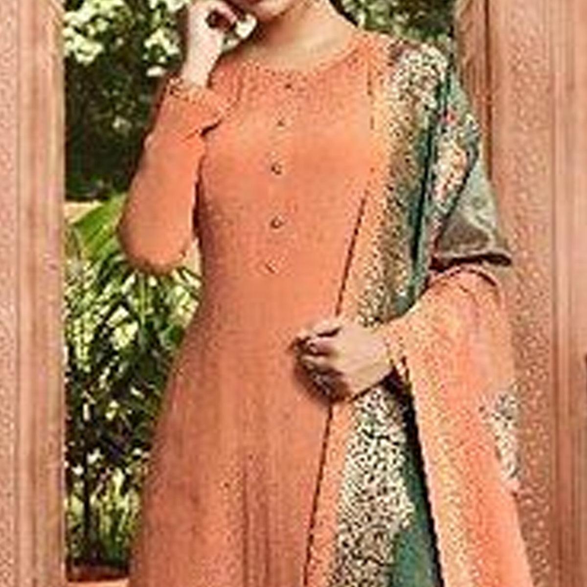 Glowing Orange Colored Partywear Floral Embroidered Satin Crepe Gharara Style Suit - Peachmode