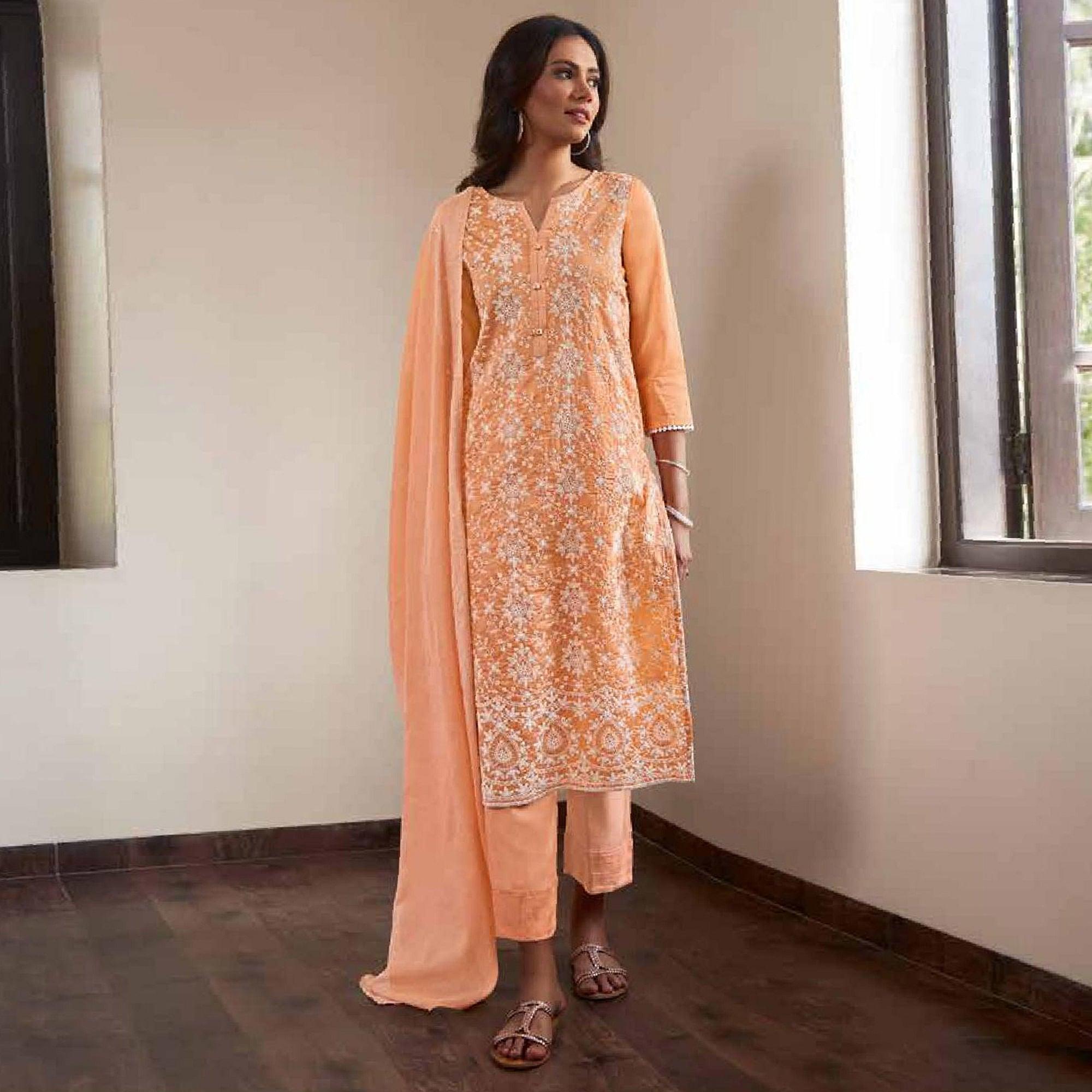 Glowing Orange Colored Partywear Lakhnavi Work Vicose Chanderi Stitched Suit - Peachmode