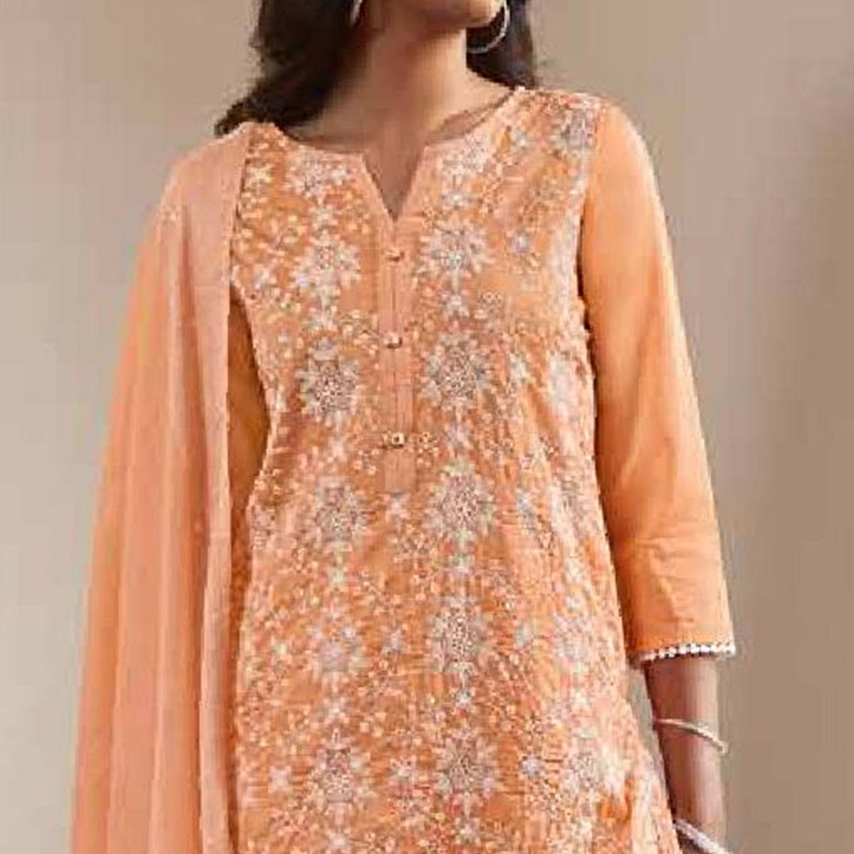 Glowing Orange Colored Partywear Lakhnavi Work Vicose Chanderi Stitched Suit - Peachmode