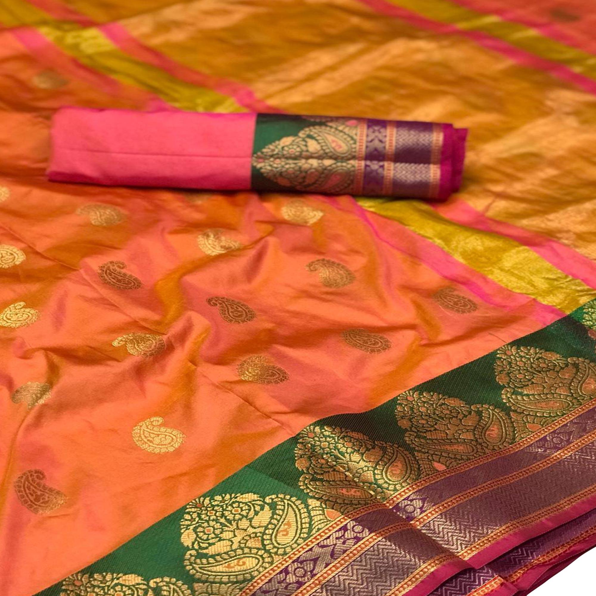 Glowing Orange-Pink Colored Festive Wear Woven Silk Saree - Peachmode