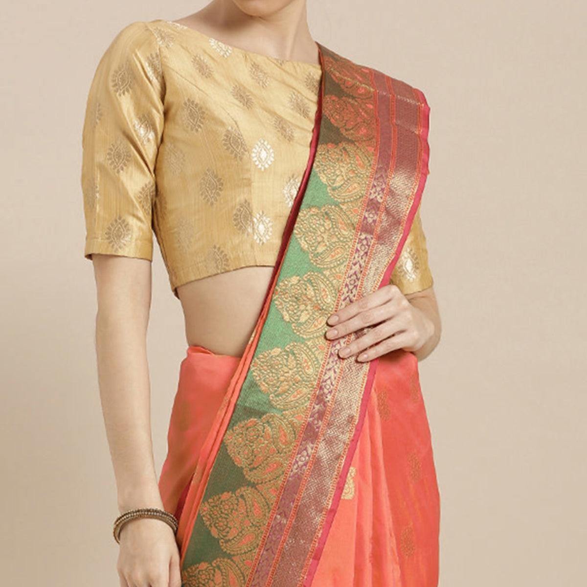 Glowing Orange-Pink Colored Festive Wear Woven Silk Saree - Peachmode