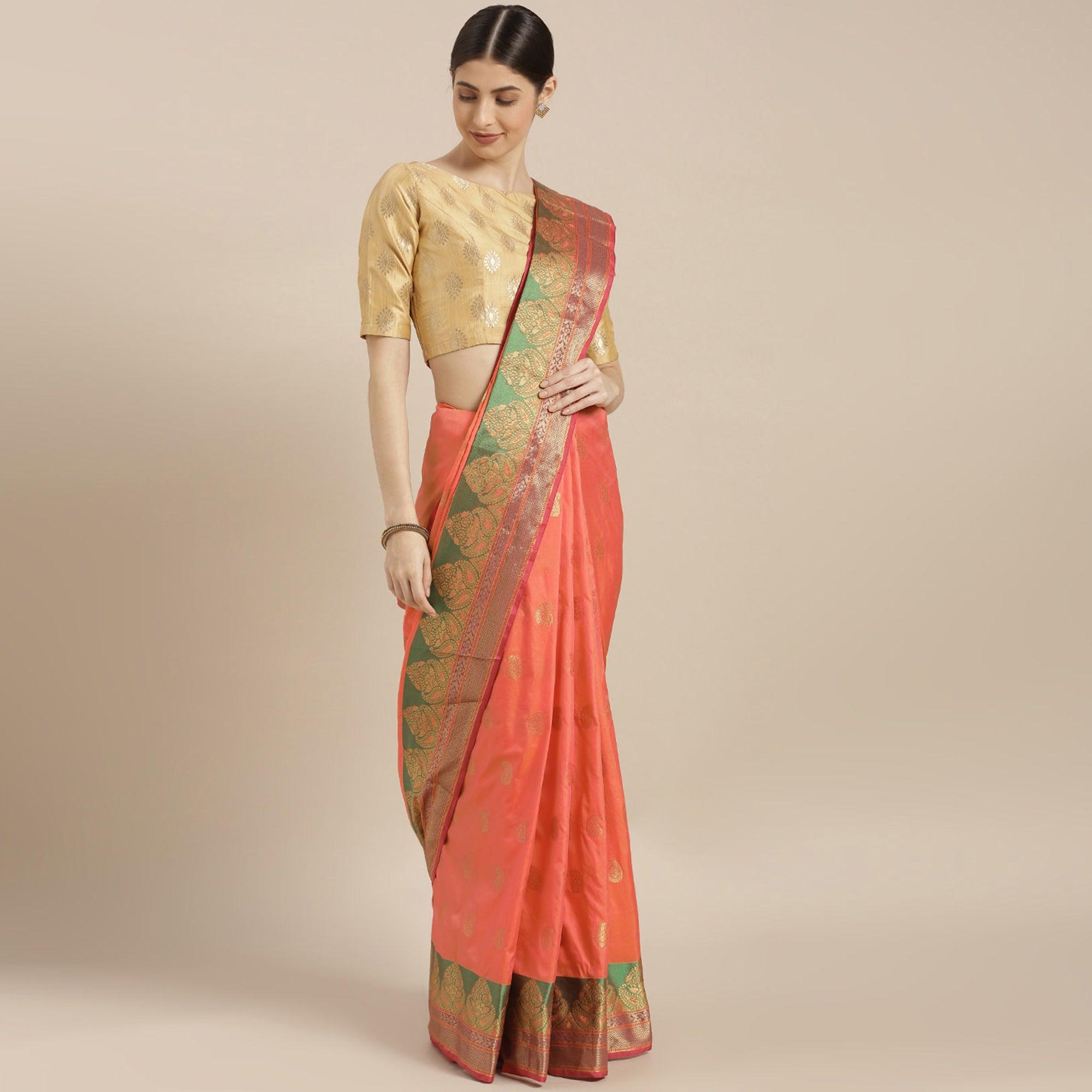 Glowing Orange-Pink Colored Festive Wear Woven Silk Saree - Peachmode
