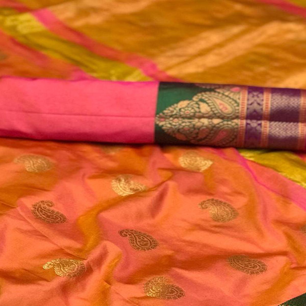 Glowing Orange-Pink Colored Festive Wear Woven Silk Saree - Peachmode
