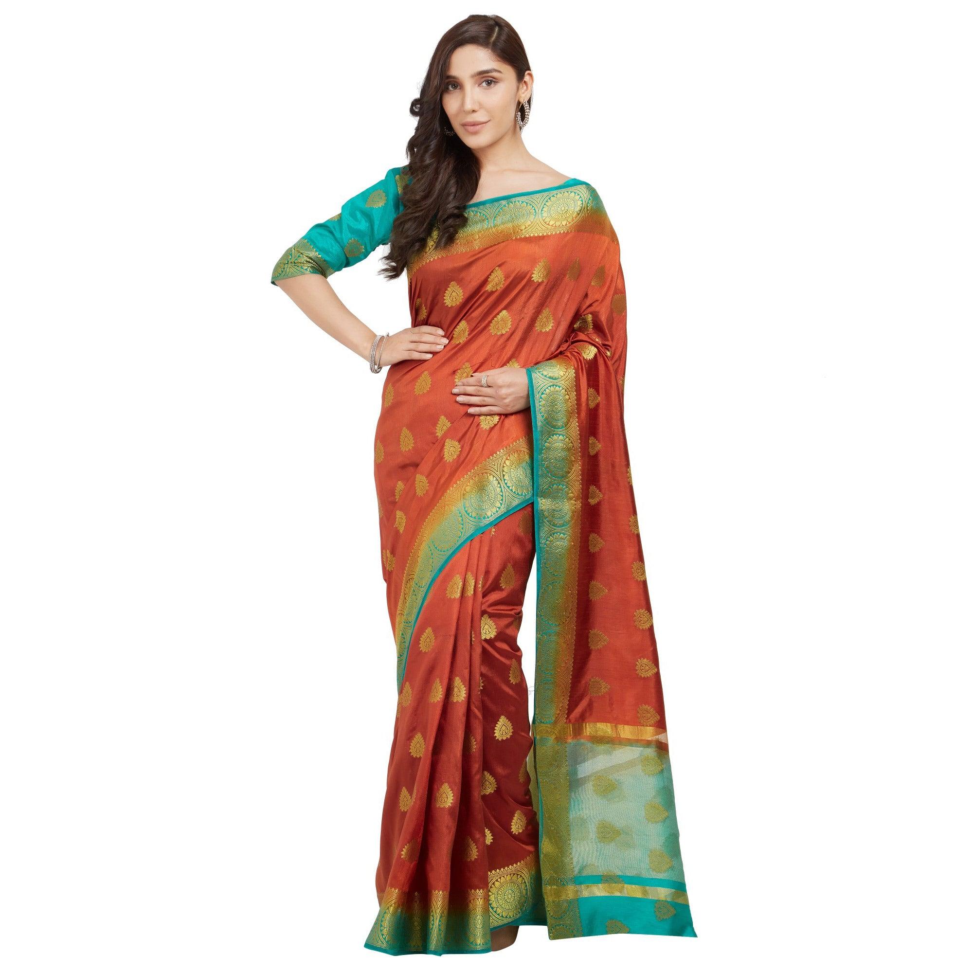 Glowing Orange-Rama Blue Colored Festive Wear Woven Cotton Silk Saree - Peachmode