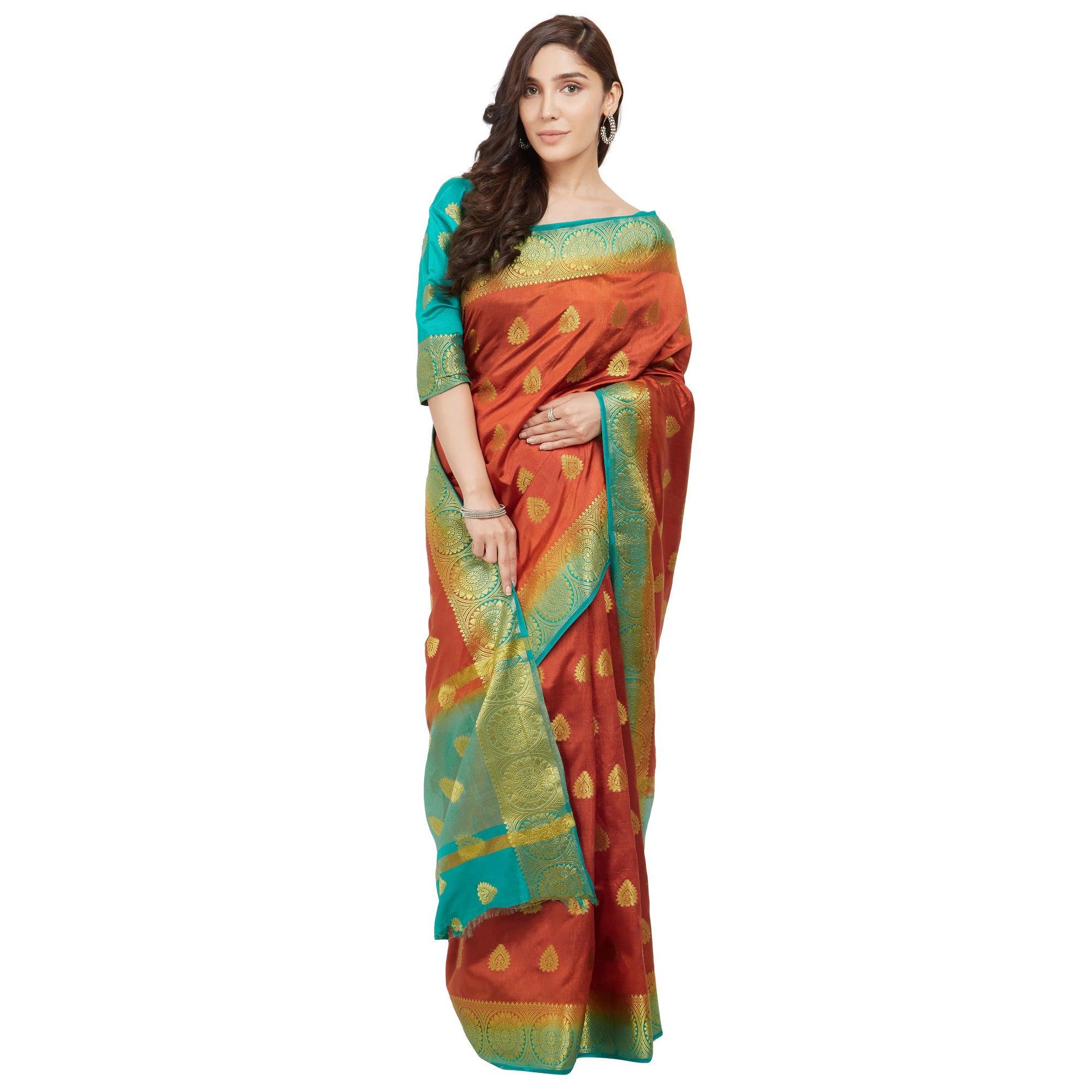 Glowing Orange-Rama Blue Colored Festive Wear Woven Cotton Silk Saree - Peachmode