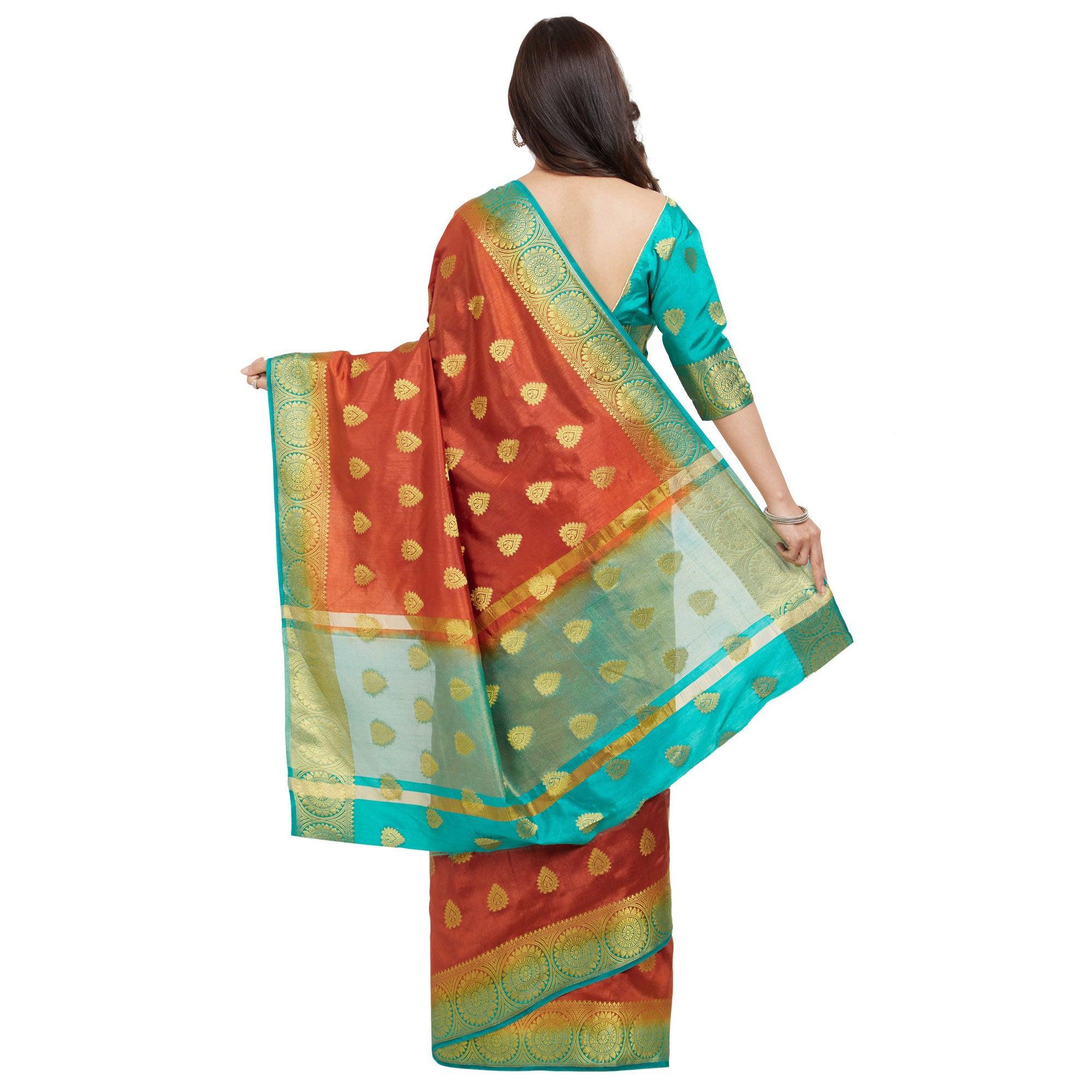 Glowing Orange-Rama Blue Colored Festive Wear Woven Cotton Silk Saree - Peachmode