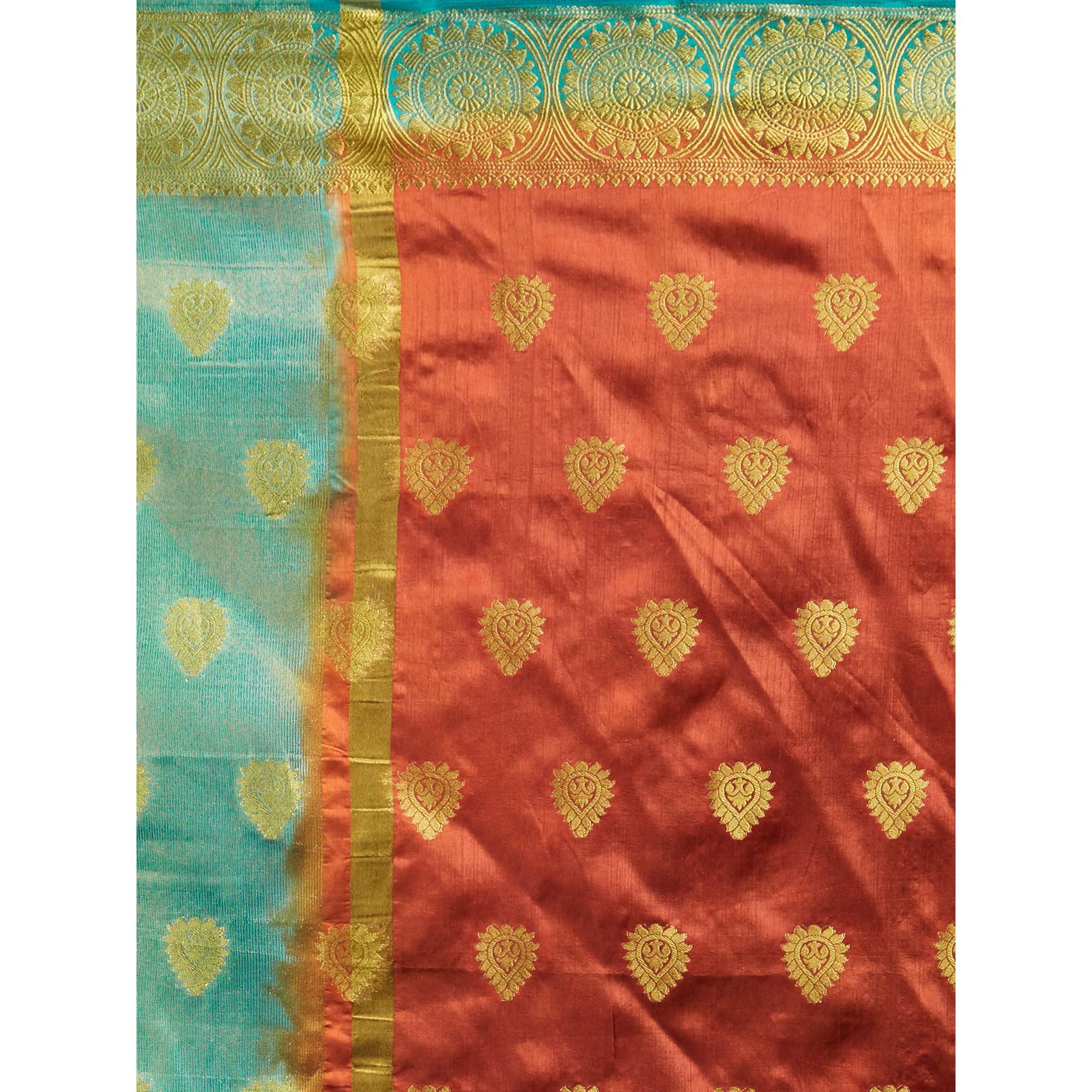 Glowing Orange-Rama Blue Colored Festive Wear Woven Cotton Silk Saree - Peachmode