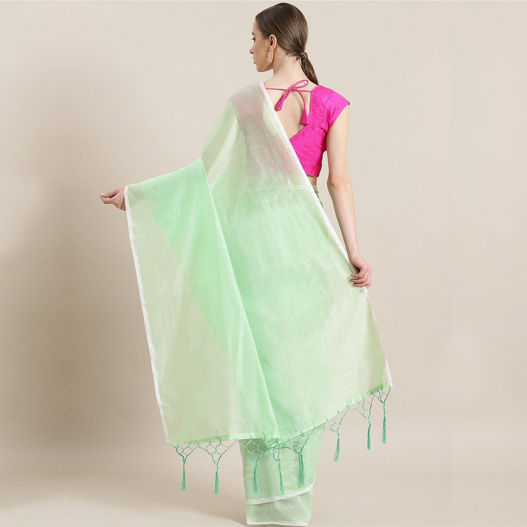Glowing Pastel Green Colored Festive Wear Woven Chanderi Silk Saree - Peachmode