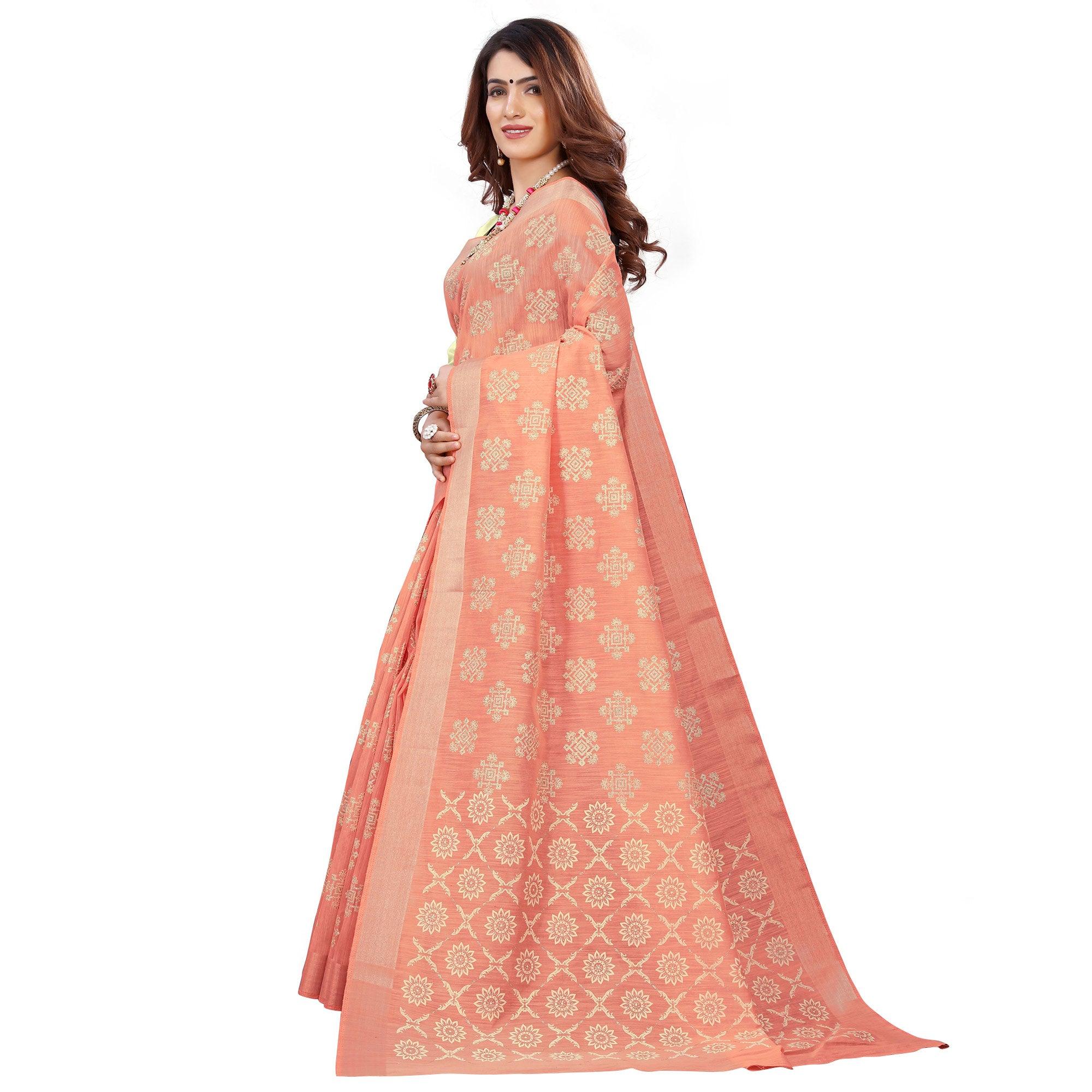 Glowing Peach Colored Casual Wear Printed Cotton Saree - Peachmode