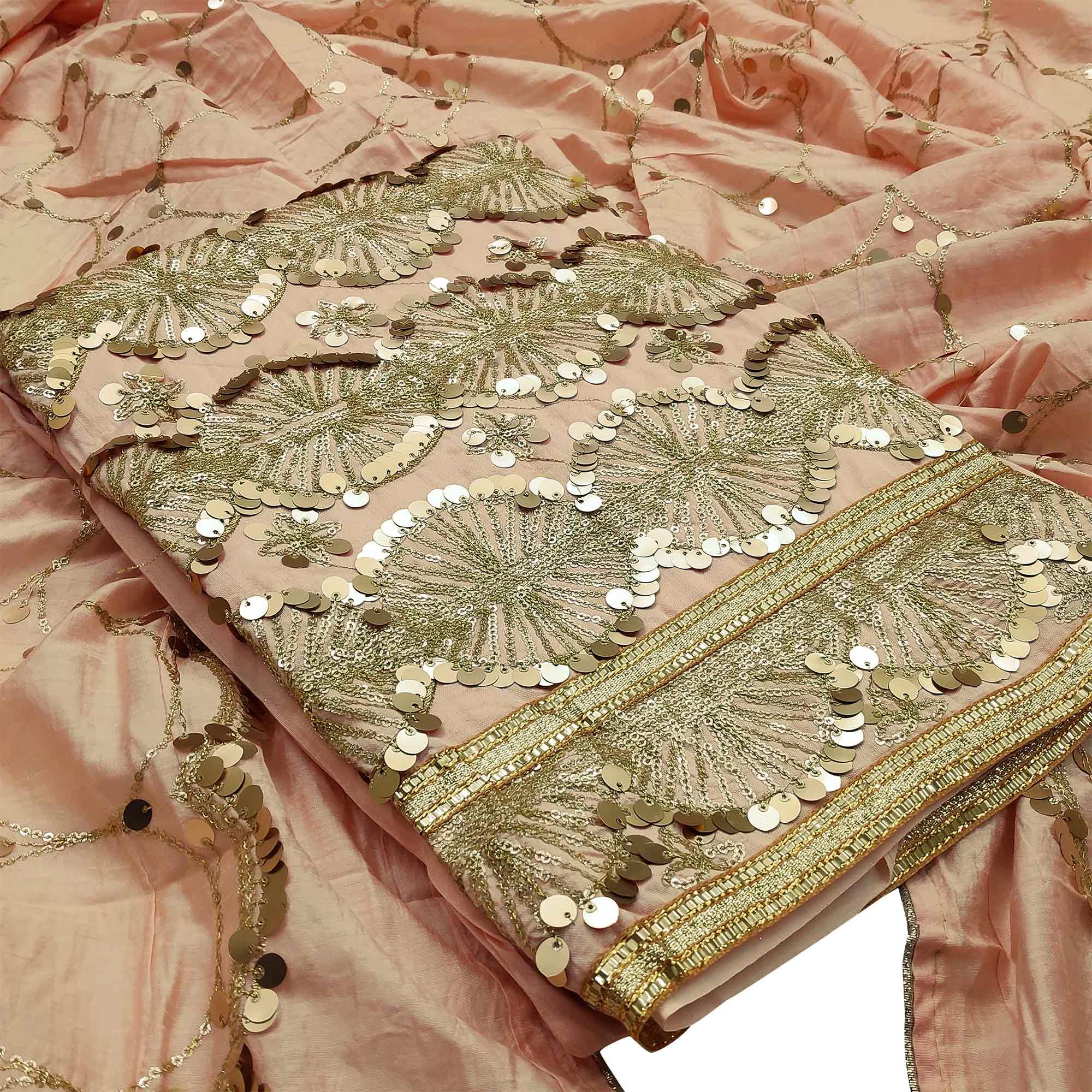 Glowing Peach Colored Festive Wear Embroidered Modal Silk Dress Material - Peachmode