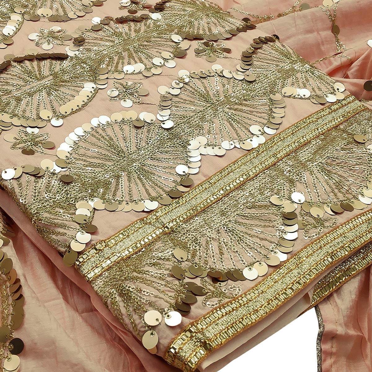 Glowing Peach Colored Festive Wear Embroidered Modal Silk Dress Material - Peachmode