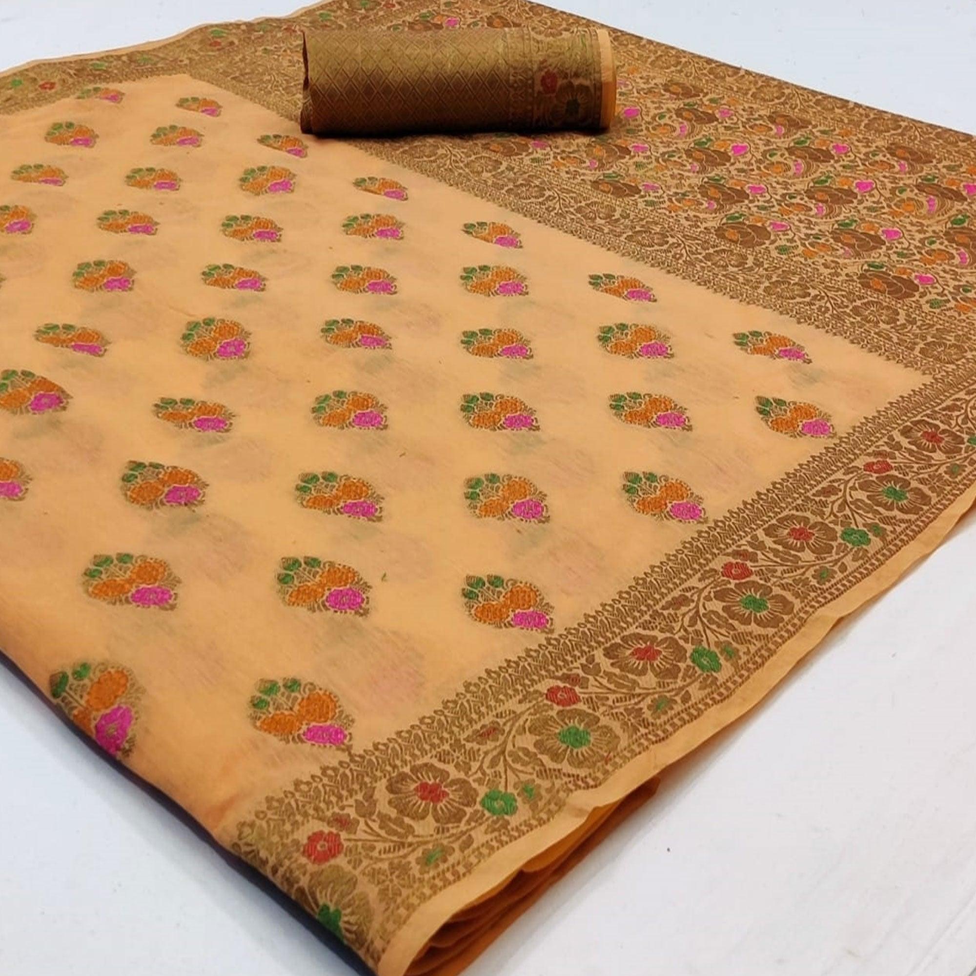 Glowing Peach Colored Festive Wear Woven Cotton Saree - Peachmode
