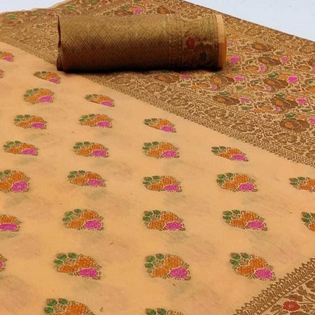 Glowing Peach Colored Festive Wear Woven Cotton Saree - Peachmode