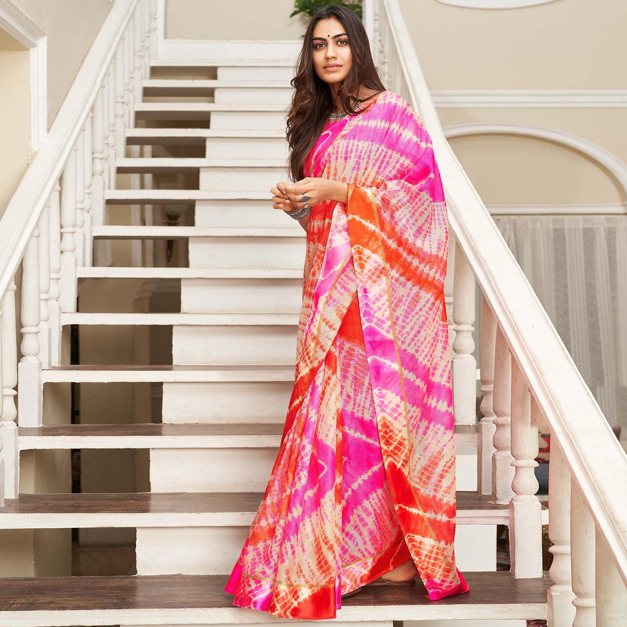 Glowing Pink & Orange Casual Wear Printed Art Silk Saree - Peachmode