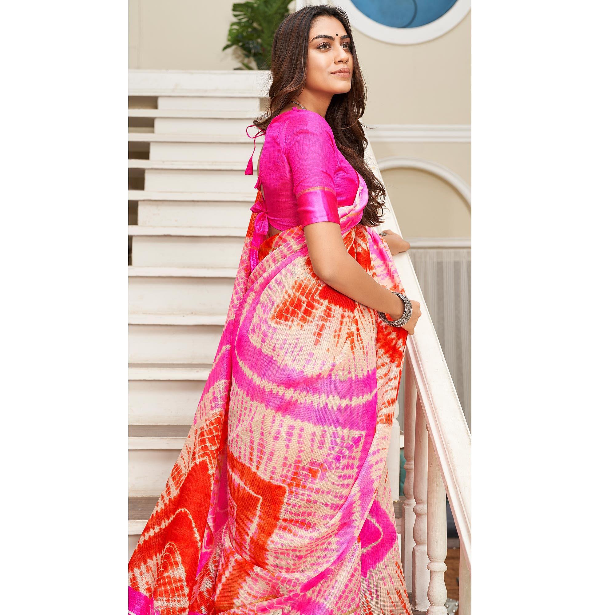 Glowing Pink & Orange Casual Wear Printed Art Silk Saree - Peachmode