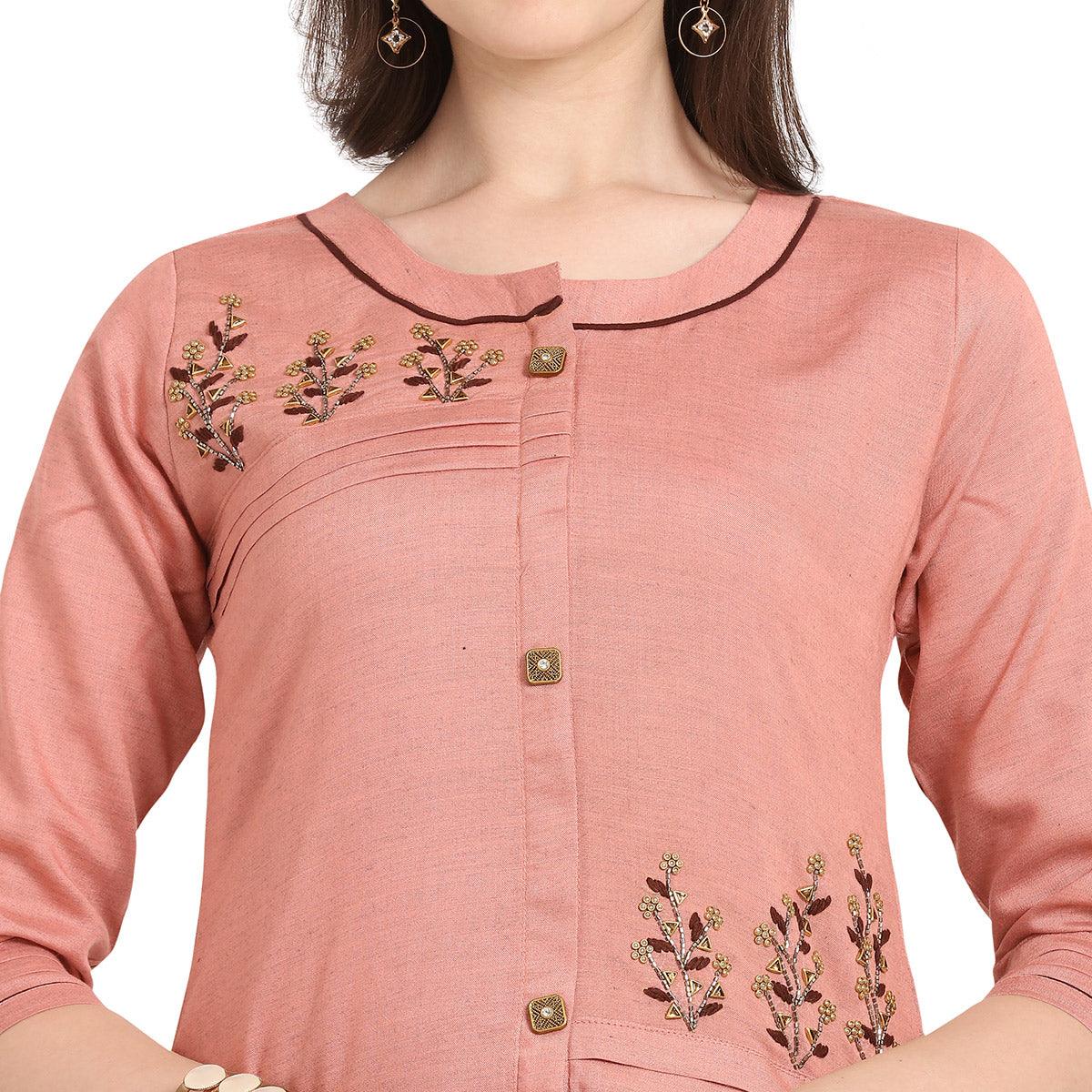 Glowing Pink Colored Party Wear Khatli Work Rayon Kurti-Sharara Set - Peachmode