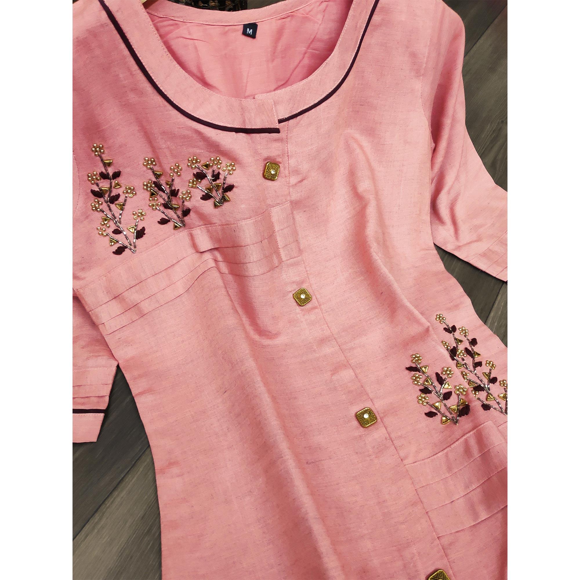 Glowing Pink Colored Party Wear Khatli Work Rayon Kurti-Sharara Set - Peachmode