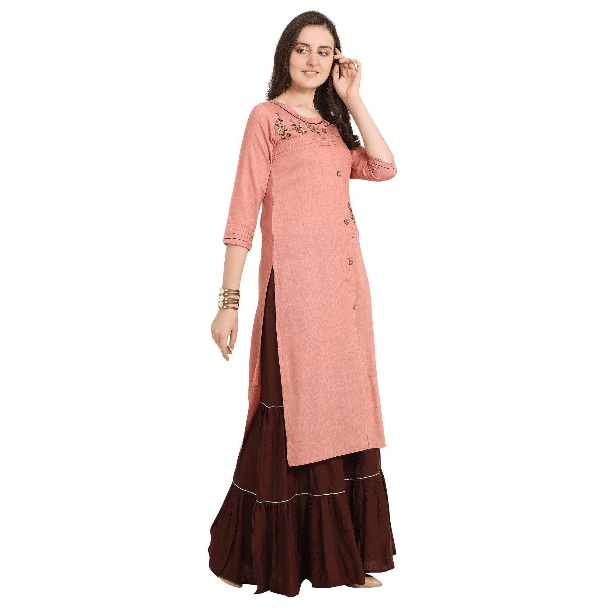 Glowing Pink Colored Party Wear Khatli Work Rayon Kurti-Sharara Set - Peachmode