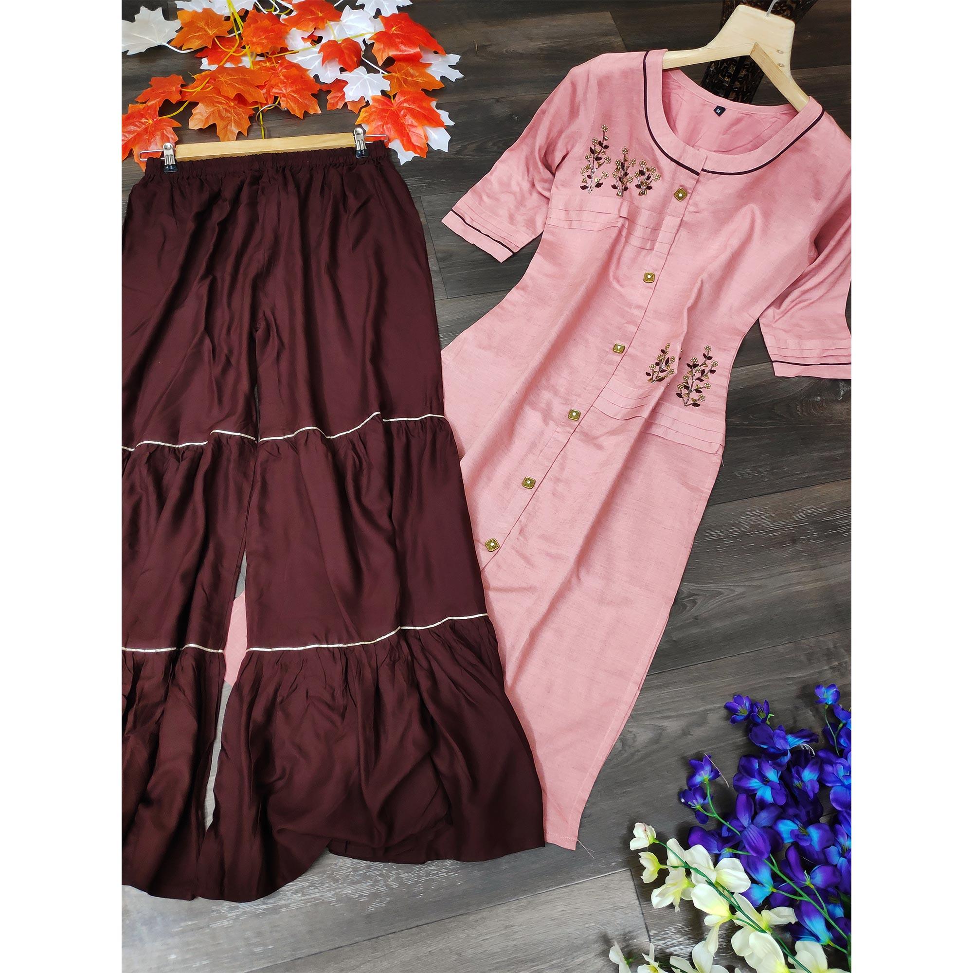 Glowing Pink Colored Party Wear Khatli Work Rayon Kurti-Sharara Set - Peachmode
