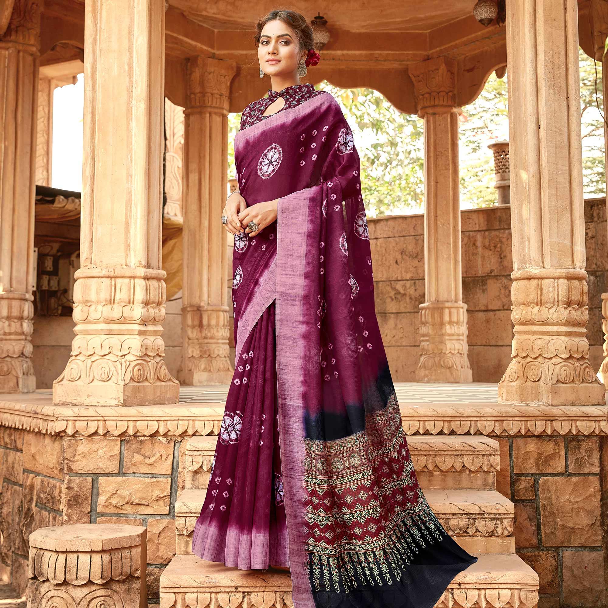 Glowing Purple Colored Digital Printed Festive Wear Linen Designer Saree - Peachmode