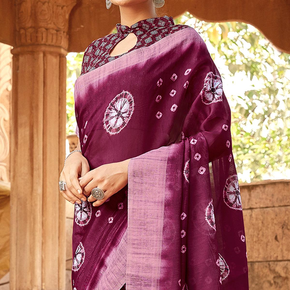 Glowing Purple Colored Digital Printed Festive Wear Linen Designer Saree - Peachmode