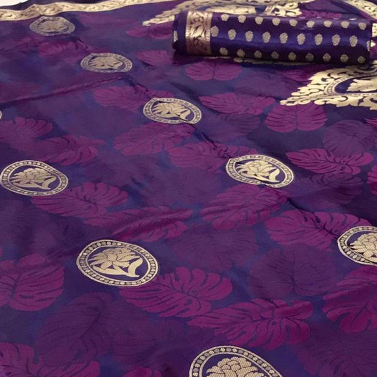 Glowing Purple Colored Festive Wear Woven Pure Satin Silk Saree - Peachmode