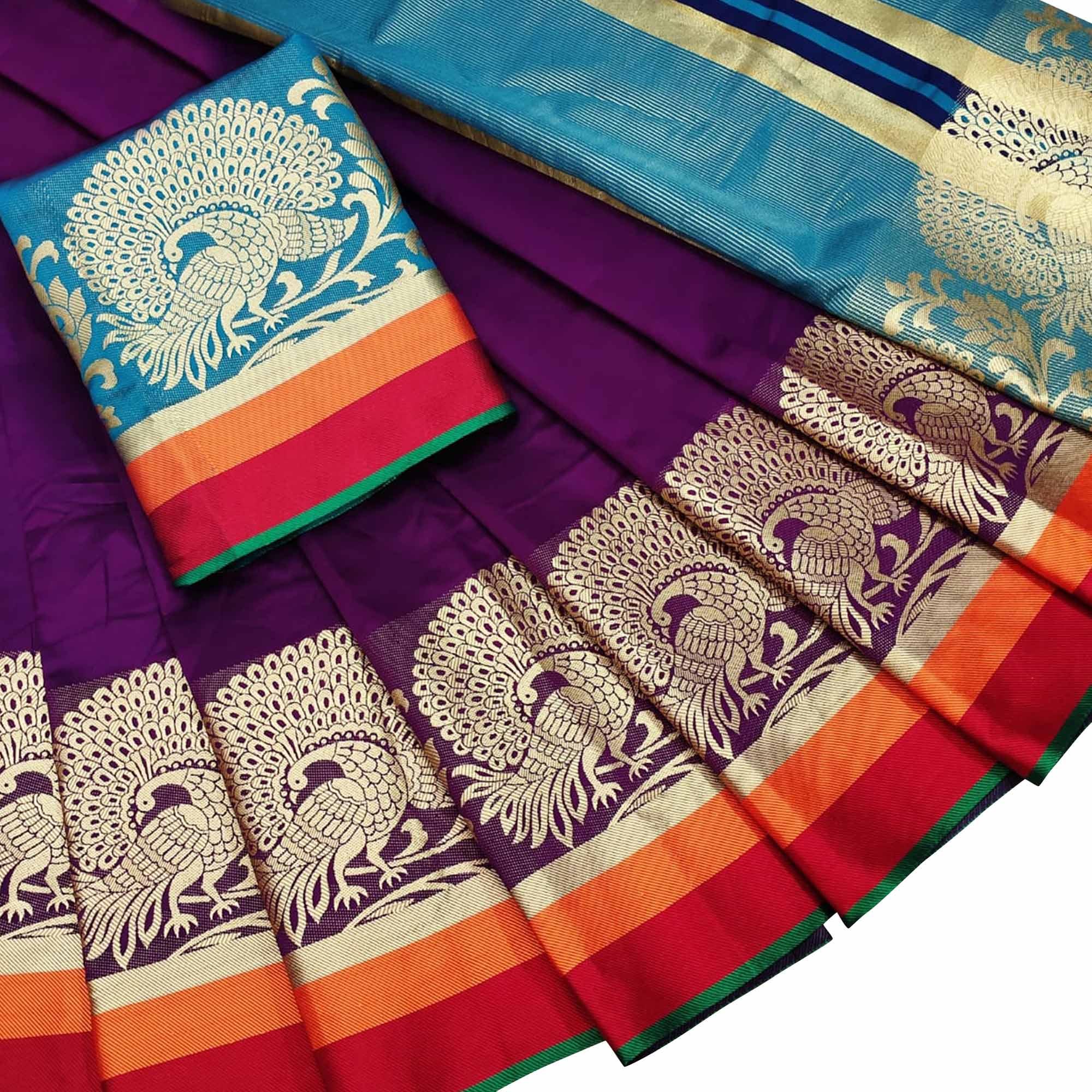 Glowing Purple Colored Festive Wear Woven Silk Saree - Peachmode
