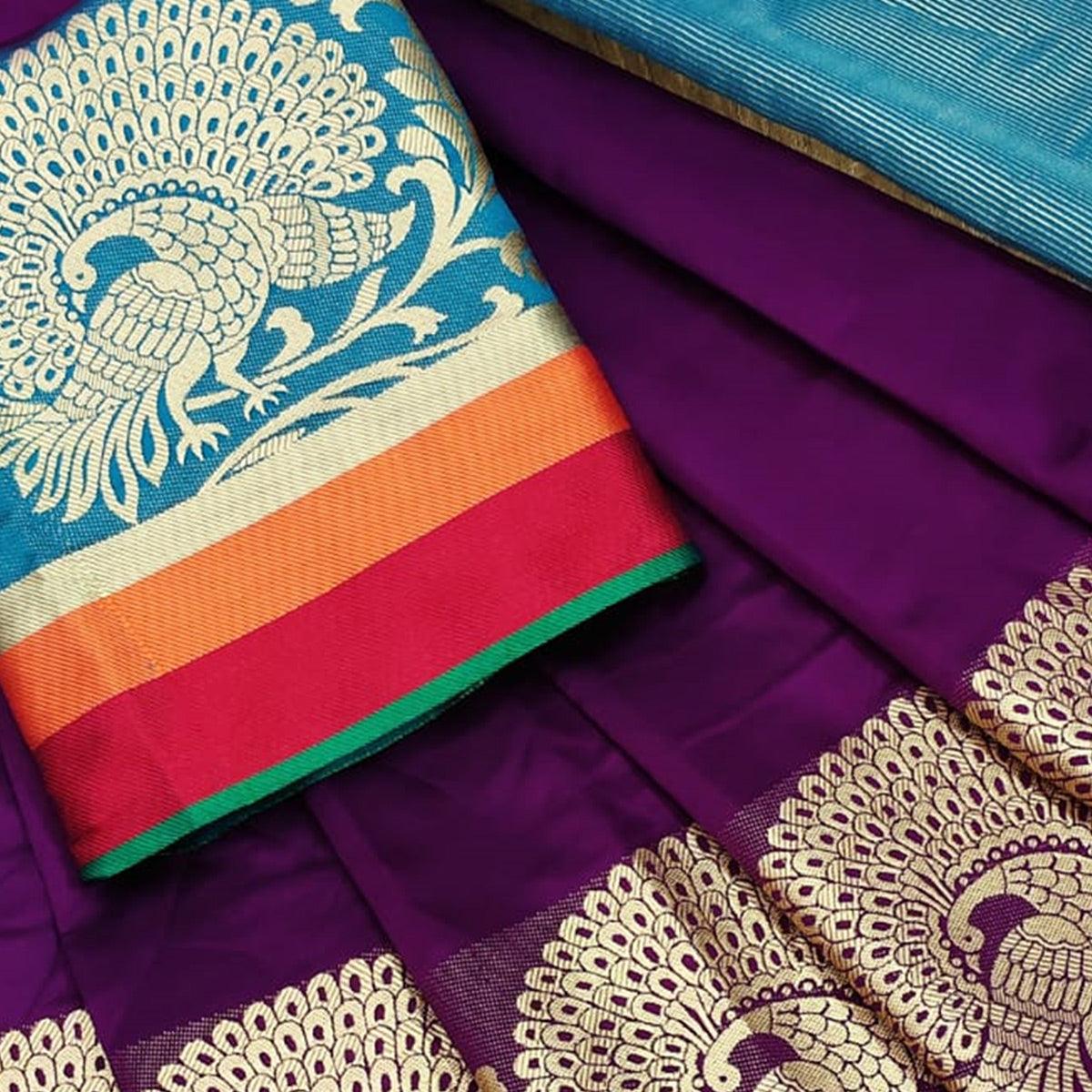 Glowing Purple Colored Festive Wear Woven Silk Saree - Peachmode