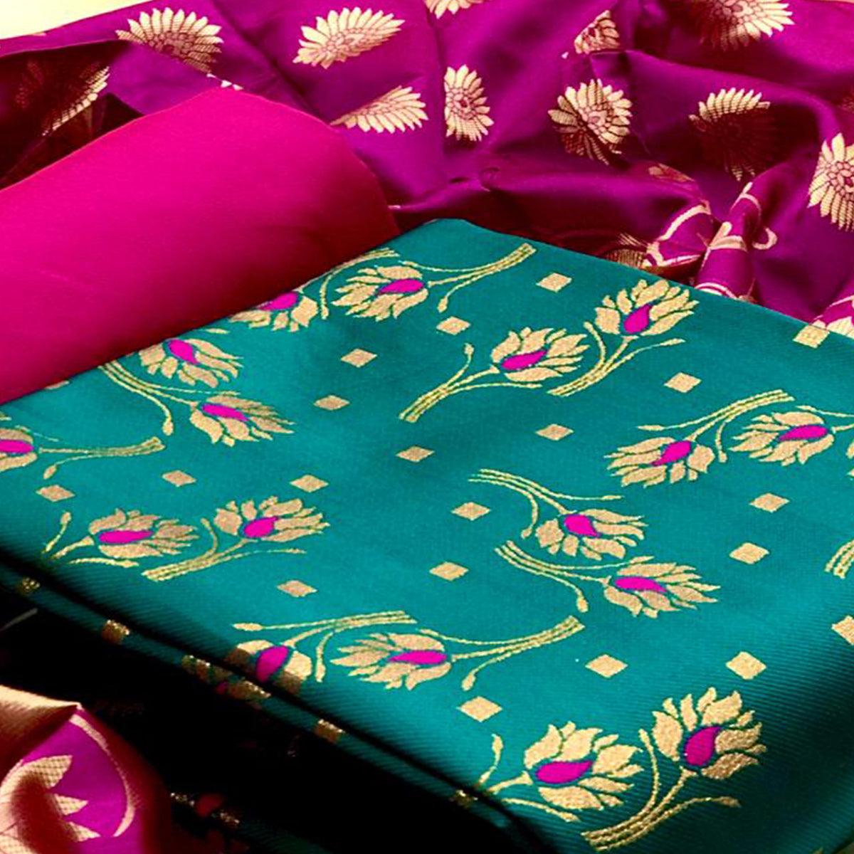 Glowing Rama Green Colored Casual Wear Woven Banarasi Silk Dress Material - Peachmode