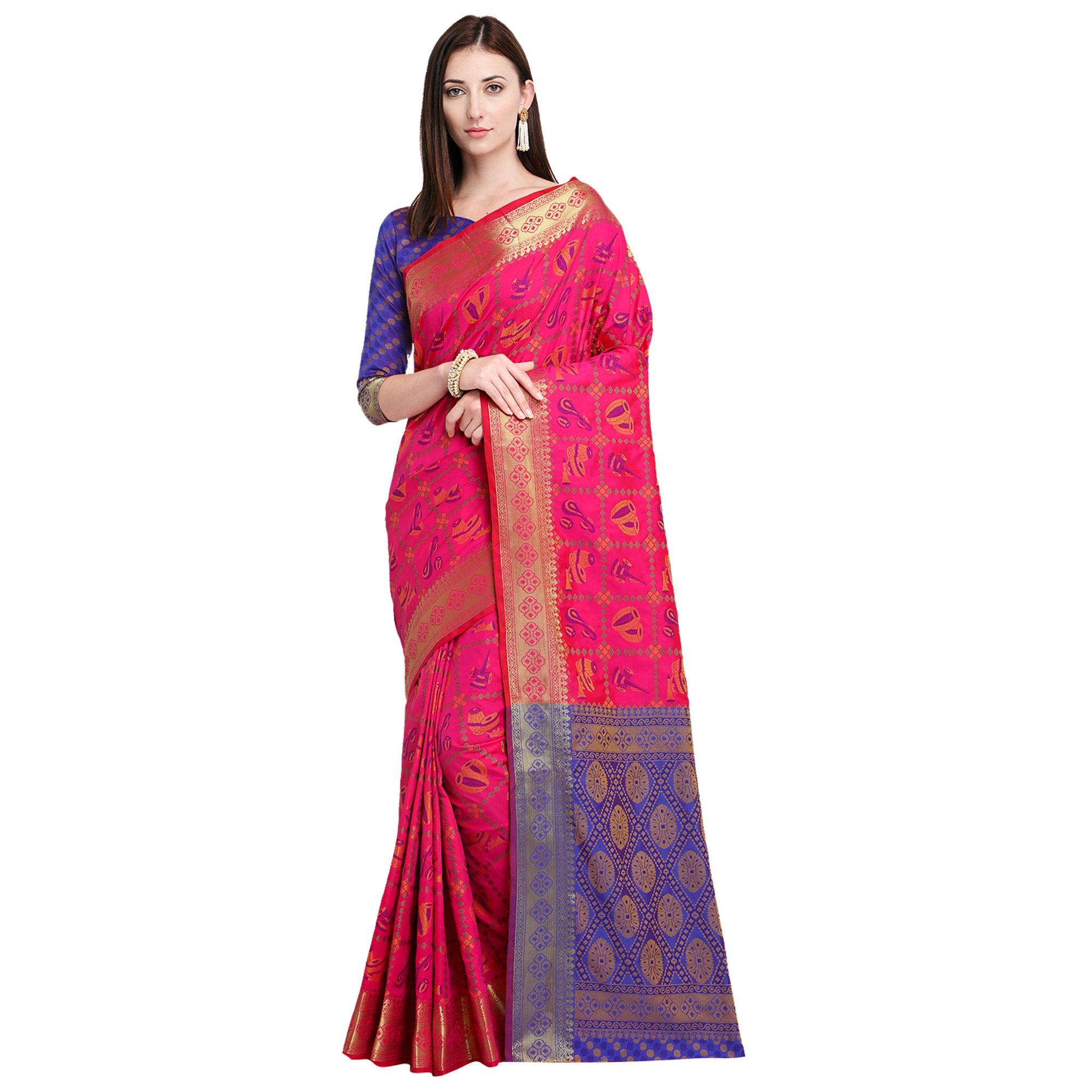 Glowing Rani Pink Colored Festive Wear Woven Silk Saree - Peachmode