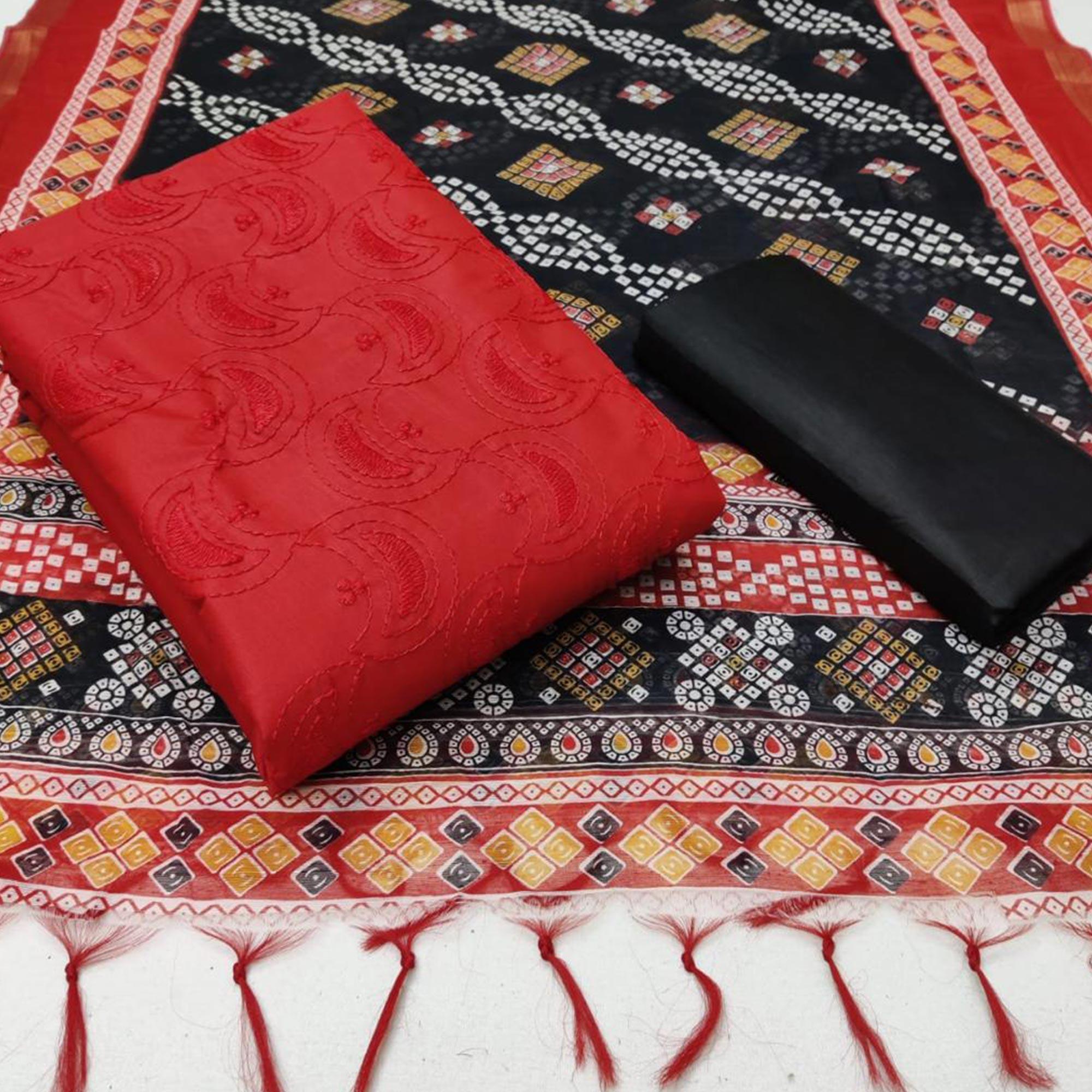 Glowing Red Colored Casual Wear Embroidered Cotton Dress Material - Peachmode
