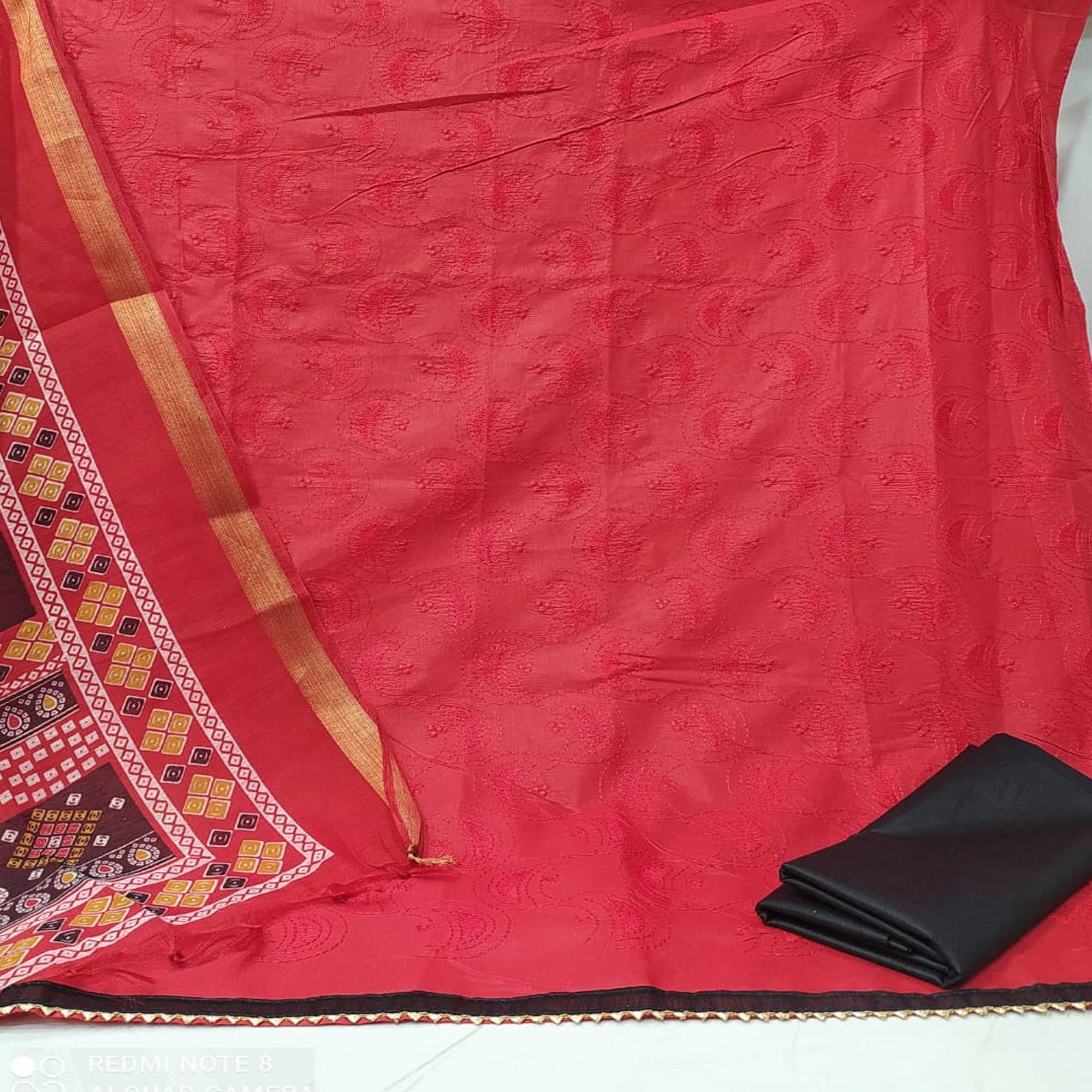 Glowing Red Colored Casual Wear Embroidered Cotton Dress Material - Peachmode