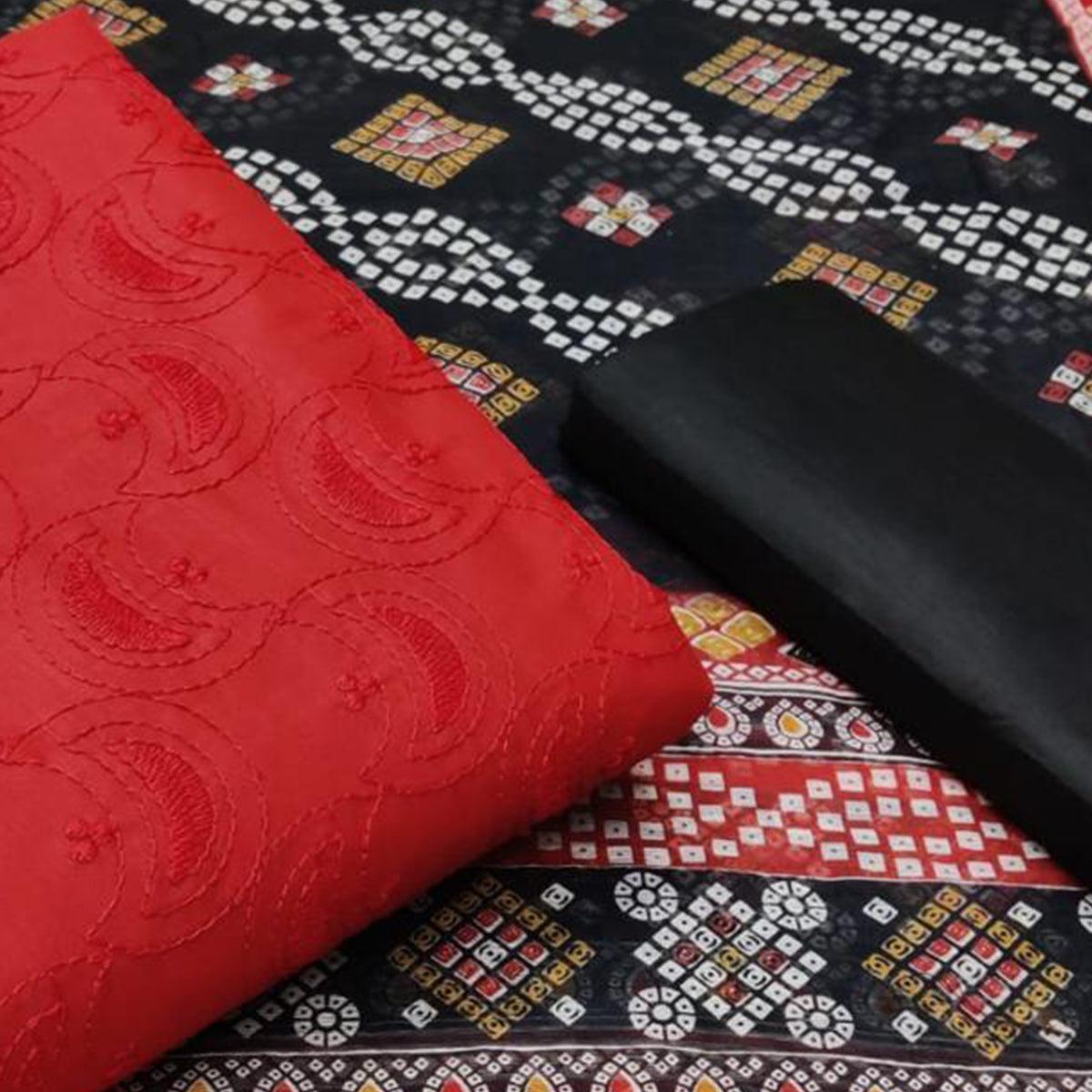 Glowing Red Colored Casual Wear Embroidered Cotton Dress Material - Peachmode