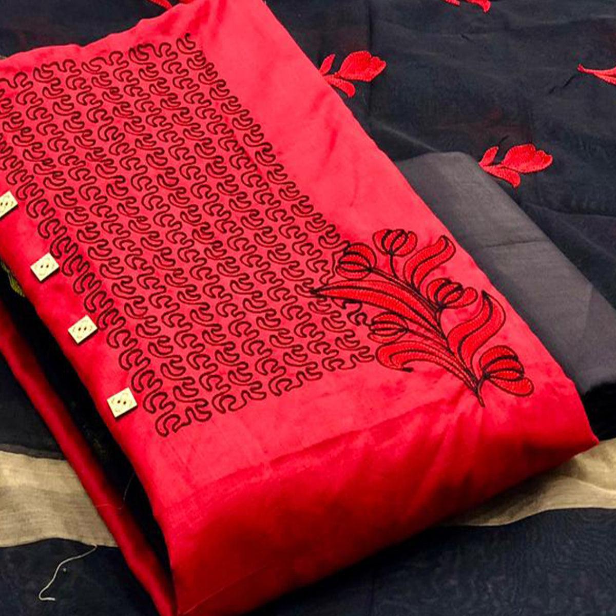 Glowing Red Colored Casual Wear Embroidered Cotton Dress Material - Peachmode