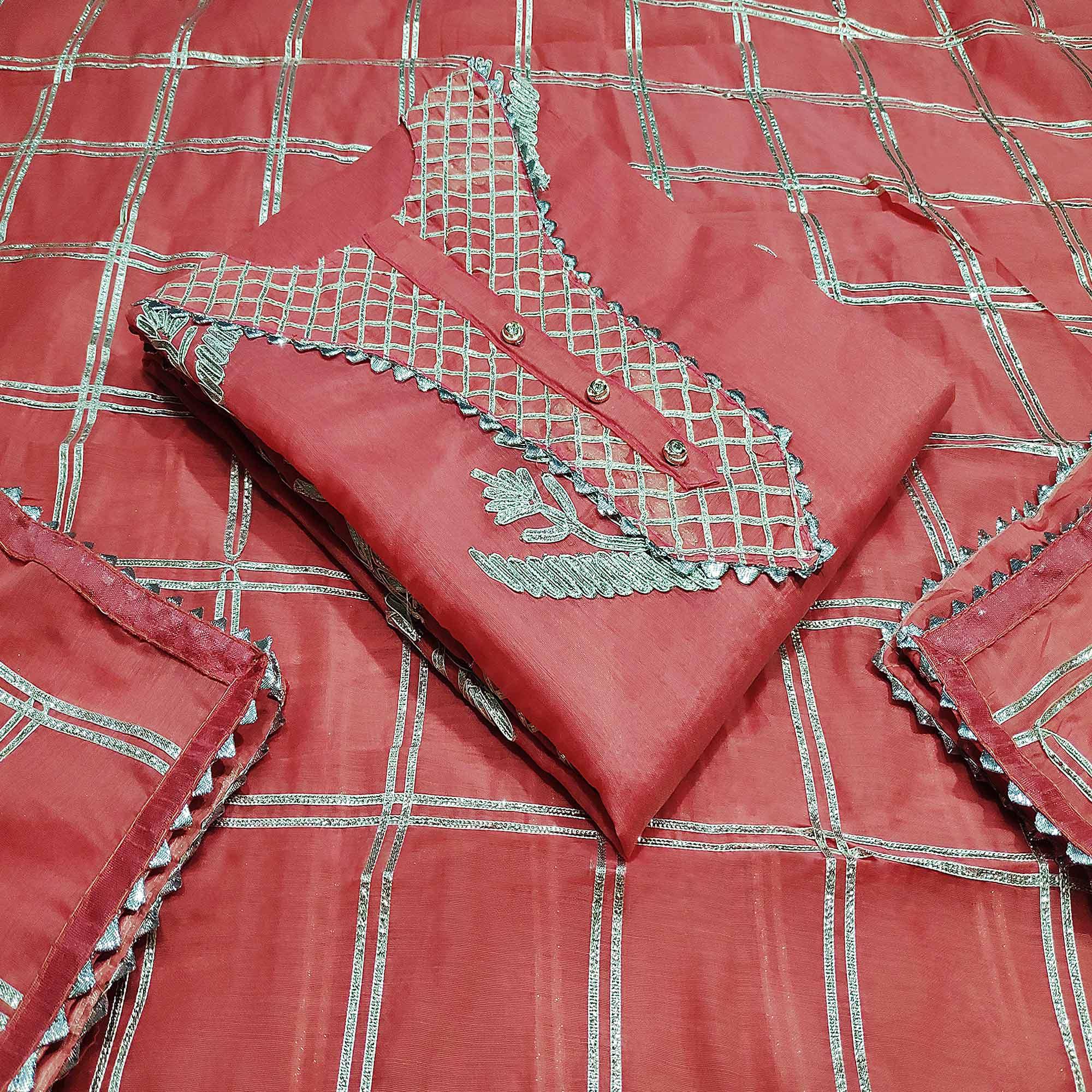 Glowing Red Colored Casual Wear Embroidered Silk Dress Material - Peachmode