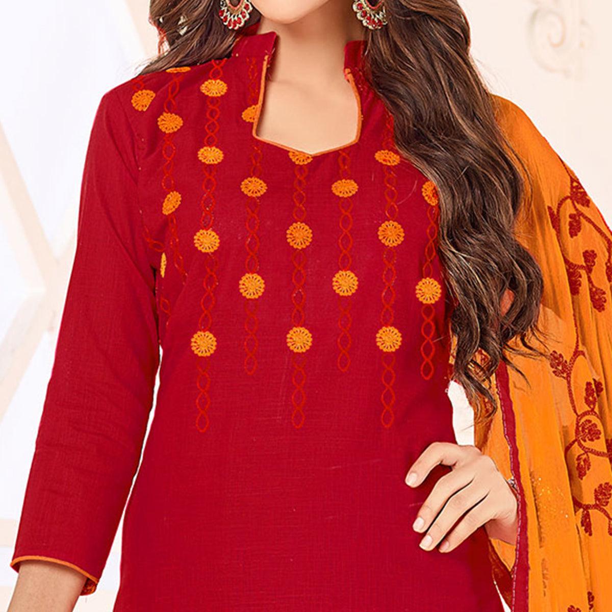 Glowing Red Colored Embroidered Cotton Dress Material - Peachmode