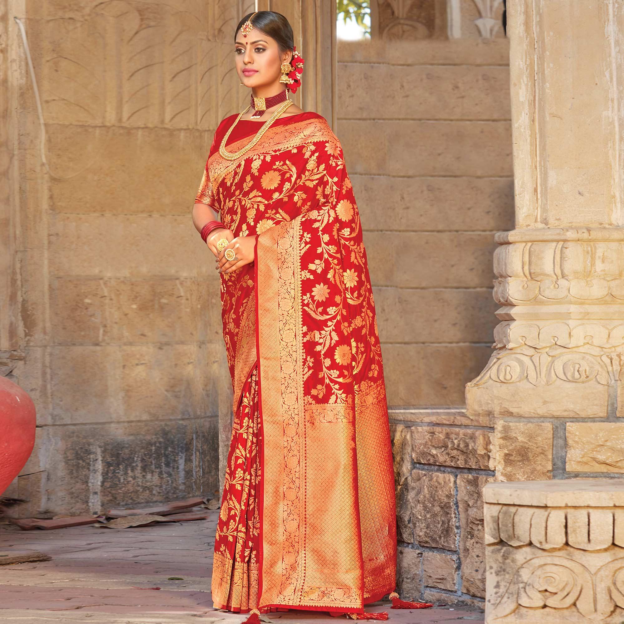 Glowing Red Colored Festive Wear Woven Pure Silk Saree - Peachmode